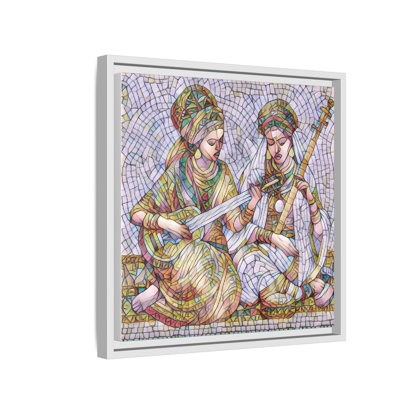 Framed Mosaic Art Print — Two Women Playing Lutes (Matte Canvas)