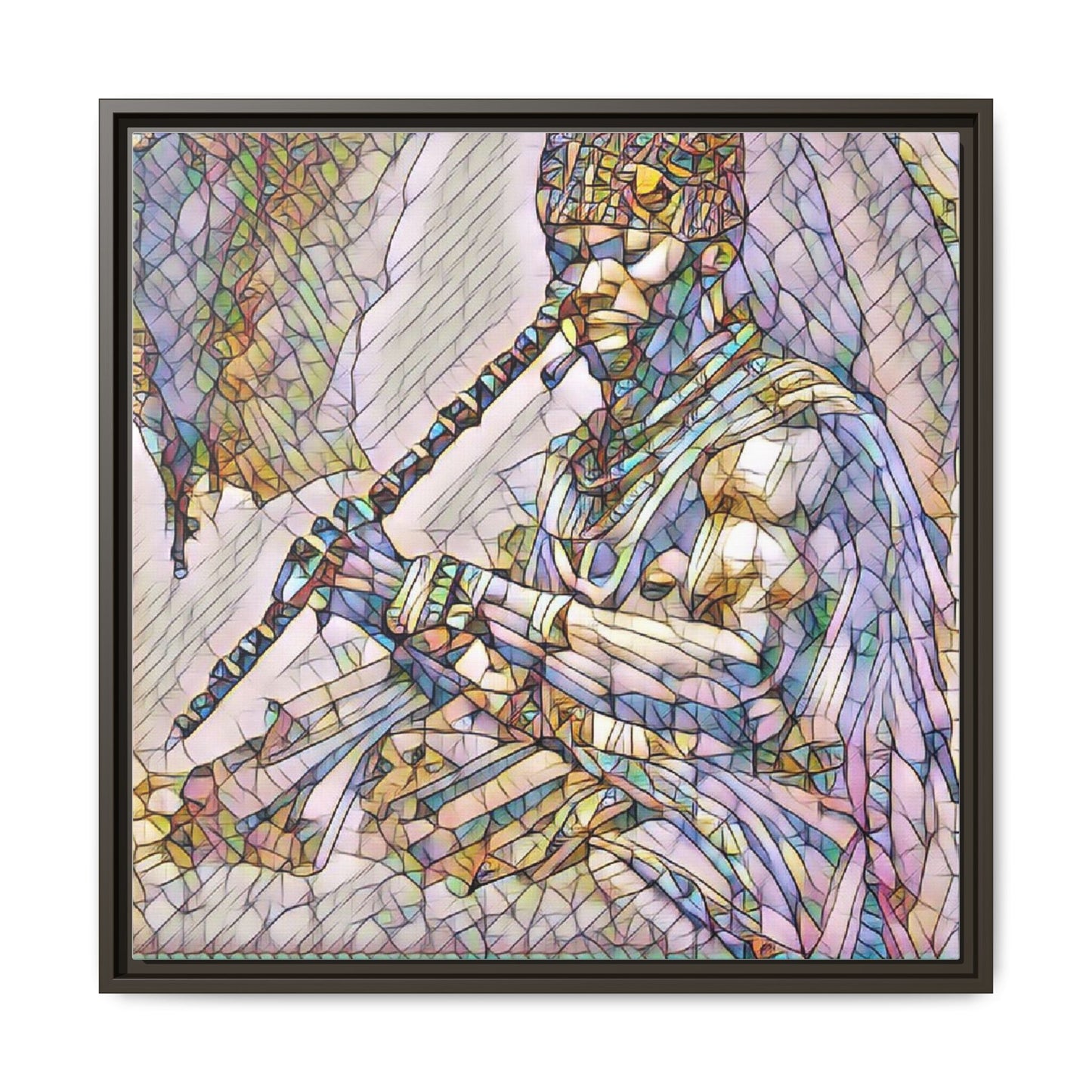 Tribal Flute Musician Stained-Glass Framed Canvas Art