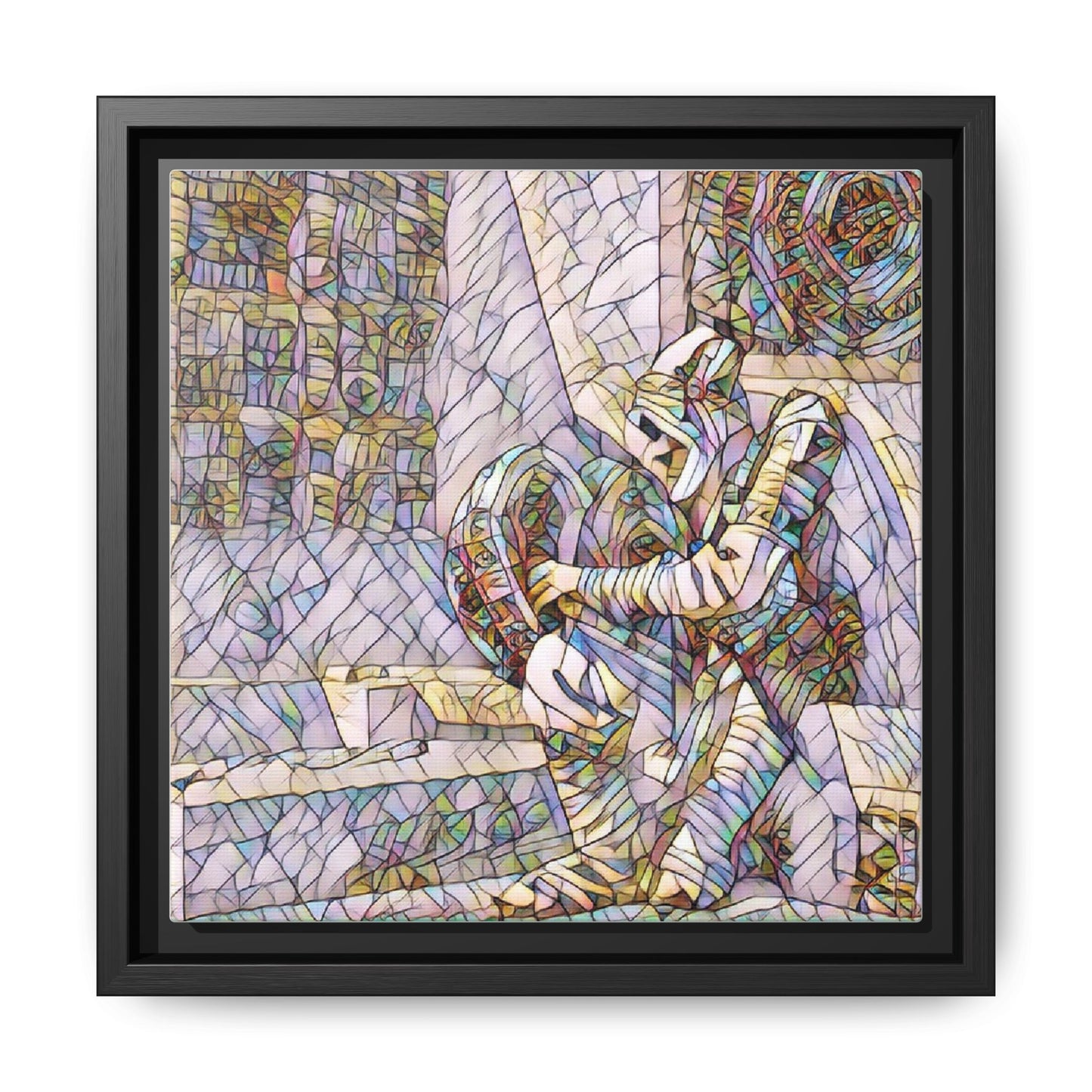 Framed Matte Canvas Art — Colorful Stained-Glass Astronaut Embrace