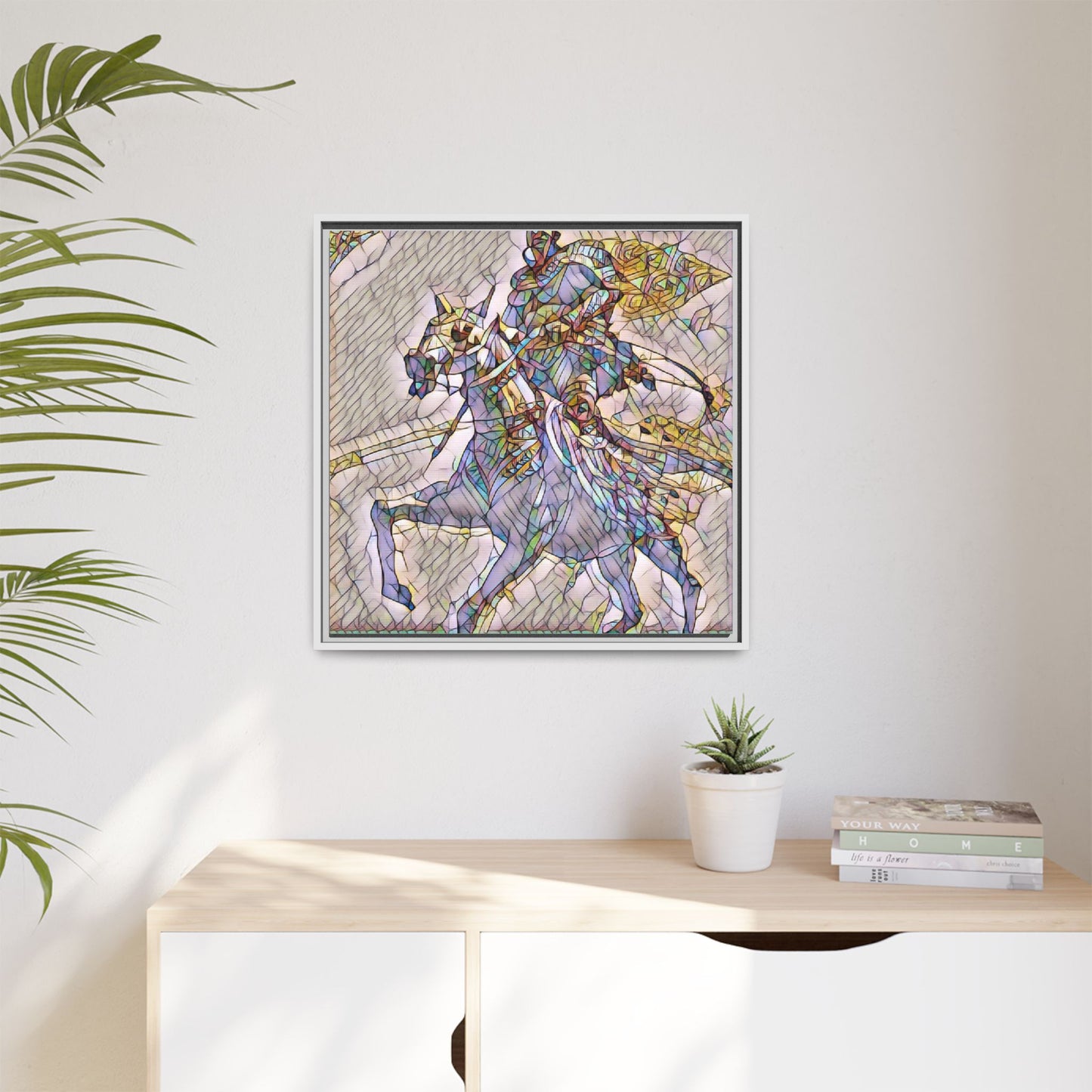 Framed Matte Canvas Art — Stained Glass Knight on Horse Fantasy Wall Decor