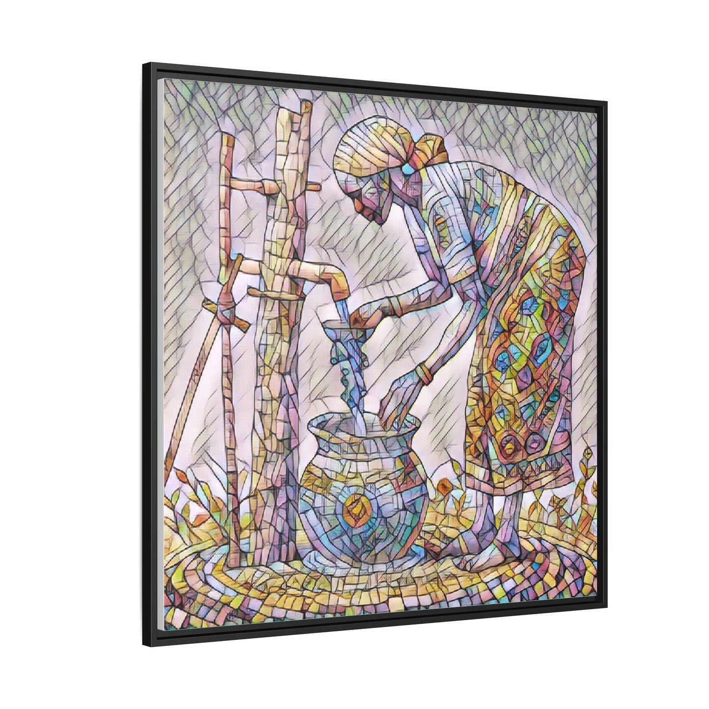 Framed Matte Canvas Art — Colorful Mosaic Woman at Well