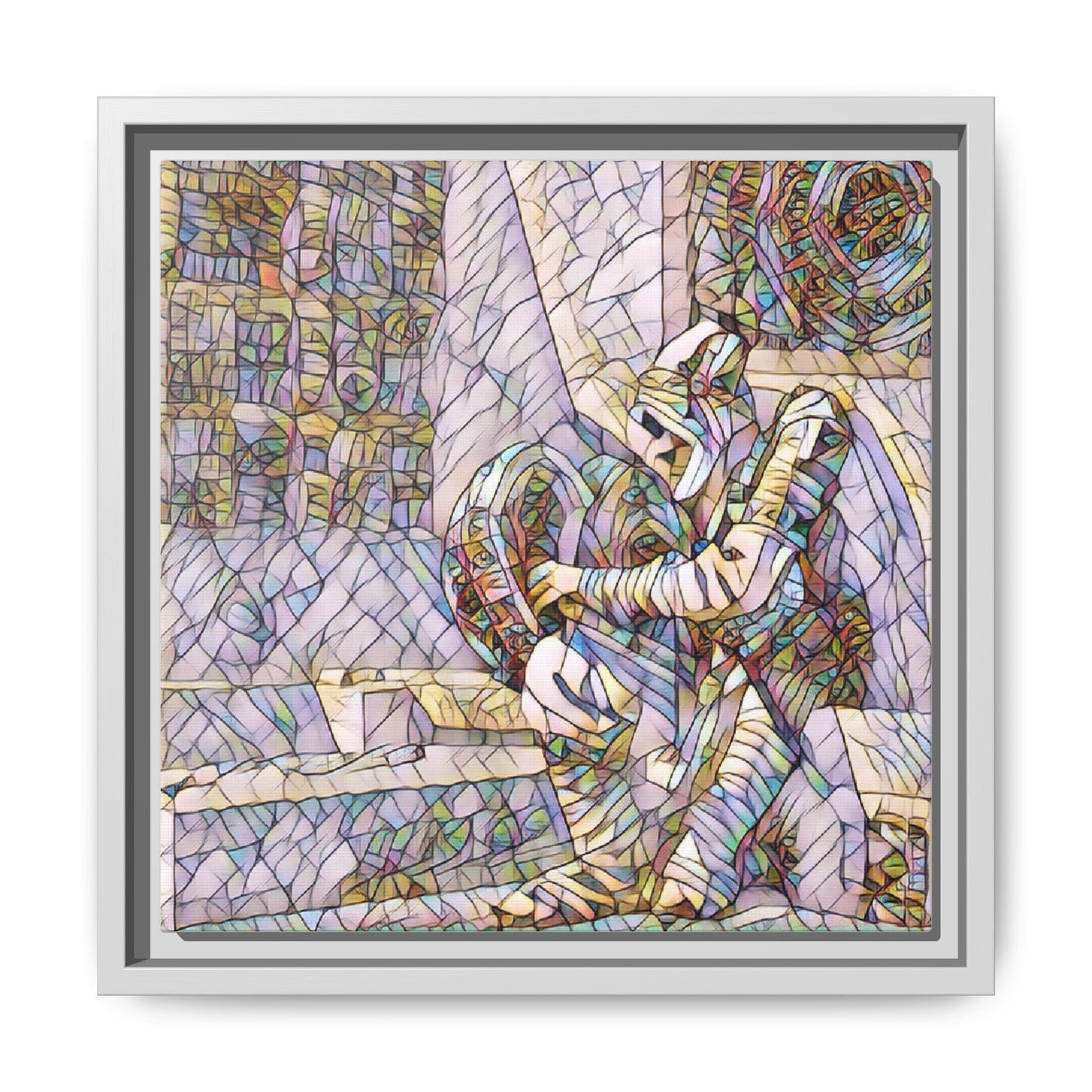 Framed Matte Canvas Art — Colorful Stained-Glass Astronaut Embrace