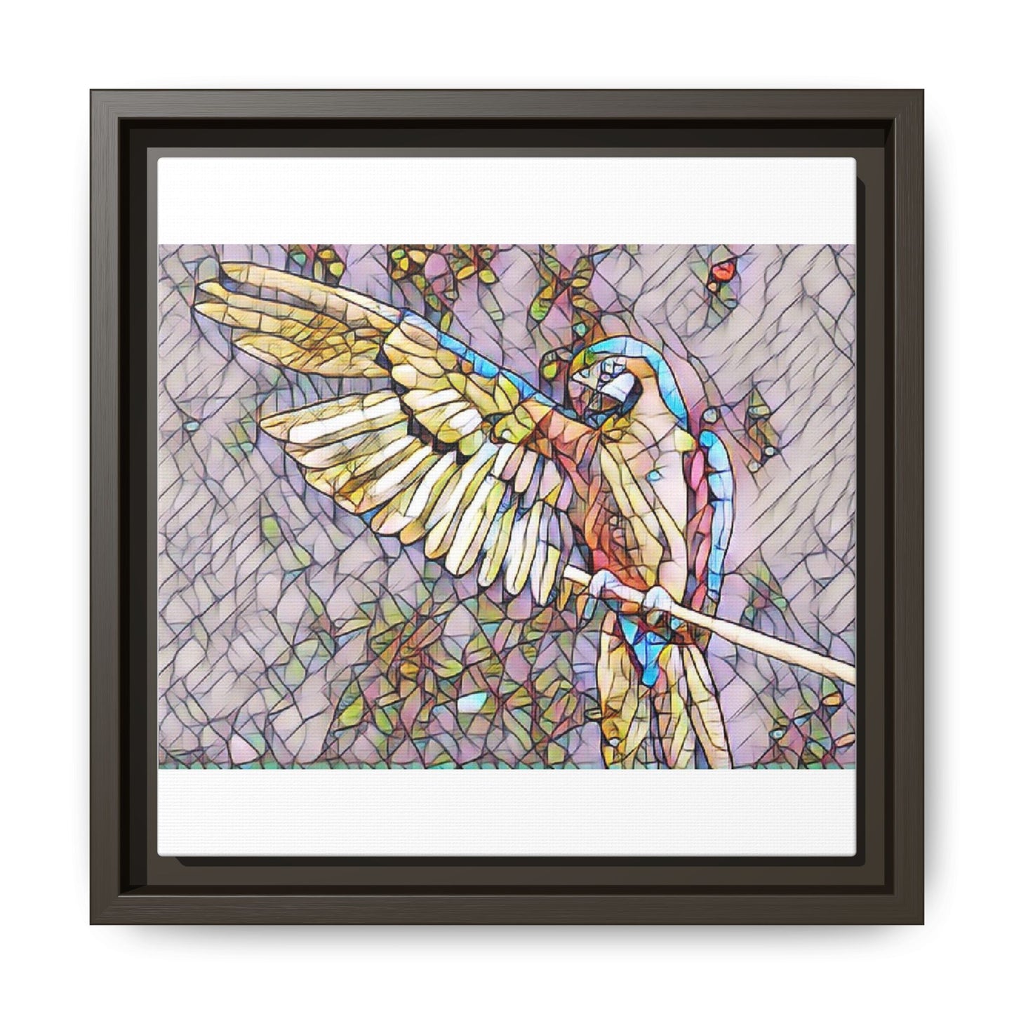 Framed Parrot Stained-Glass Art Print — Matte Canvas Wall Decor