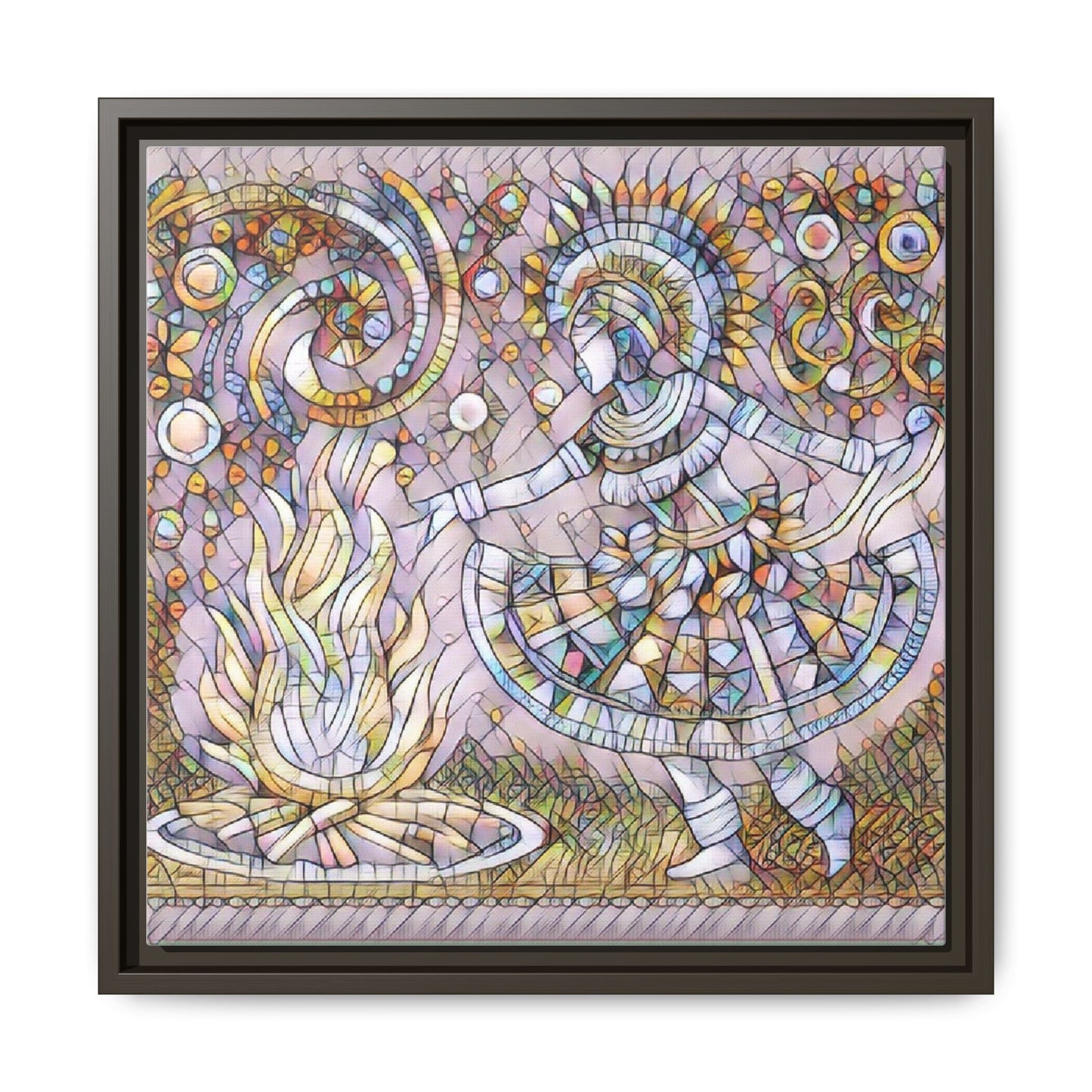 Bohemian Fire Dancer Framed Canvas Art — Colorful Folk Mosaic Wall Decor