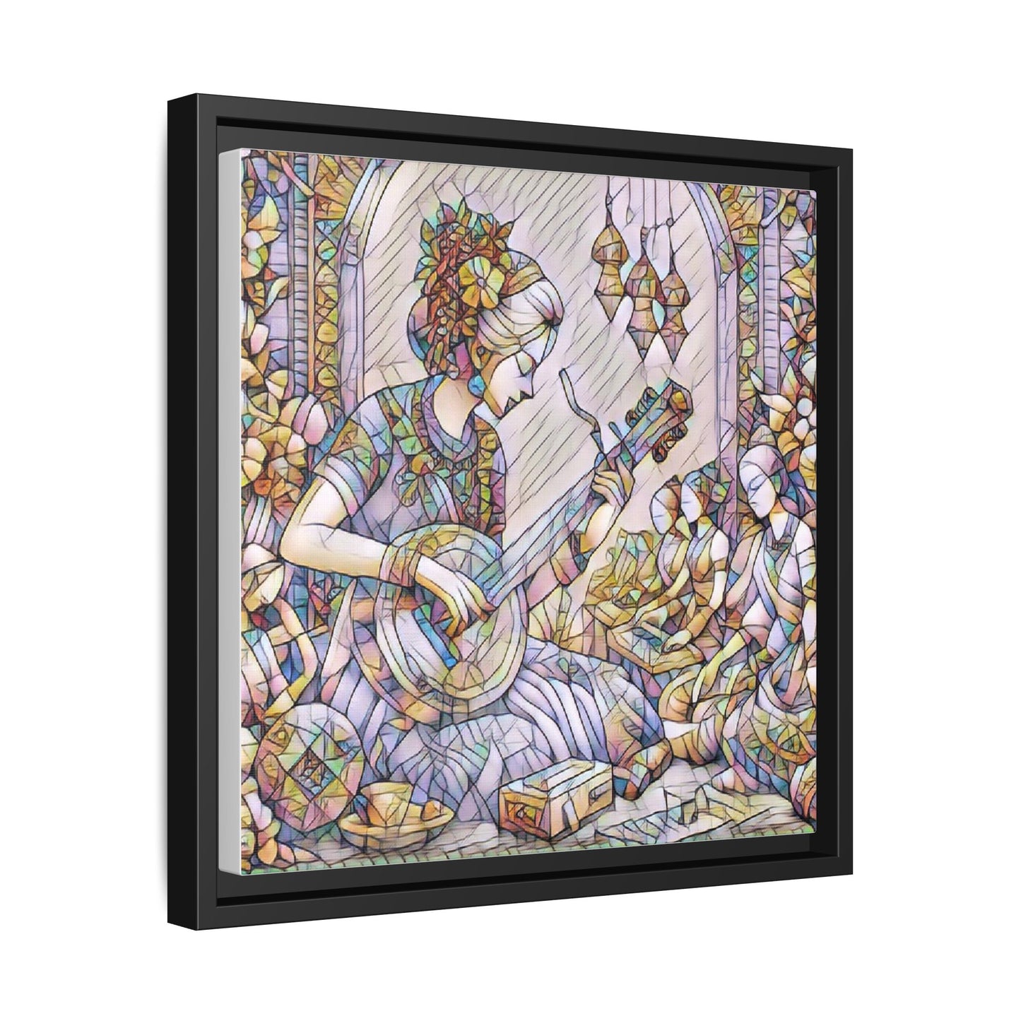 Framed Matte Canvas: Bohemian Woman Playing Lute — Stained-Glass Style Wall Art