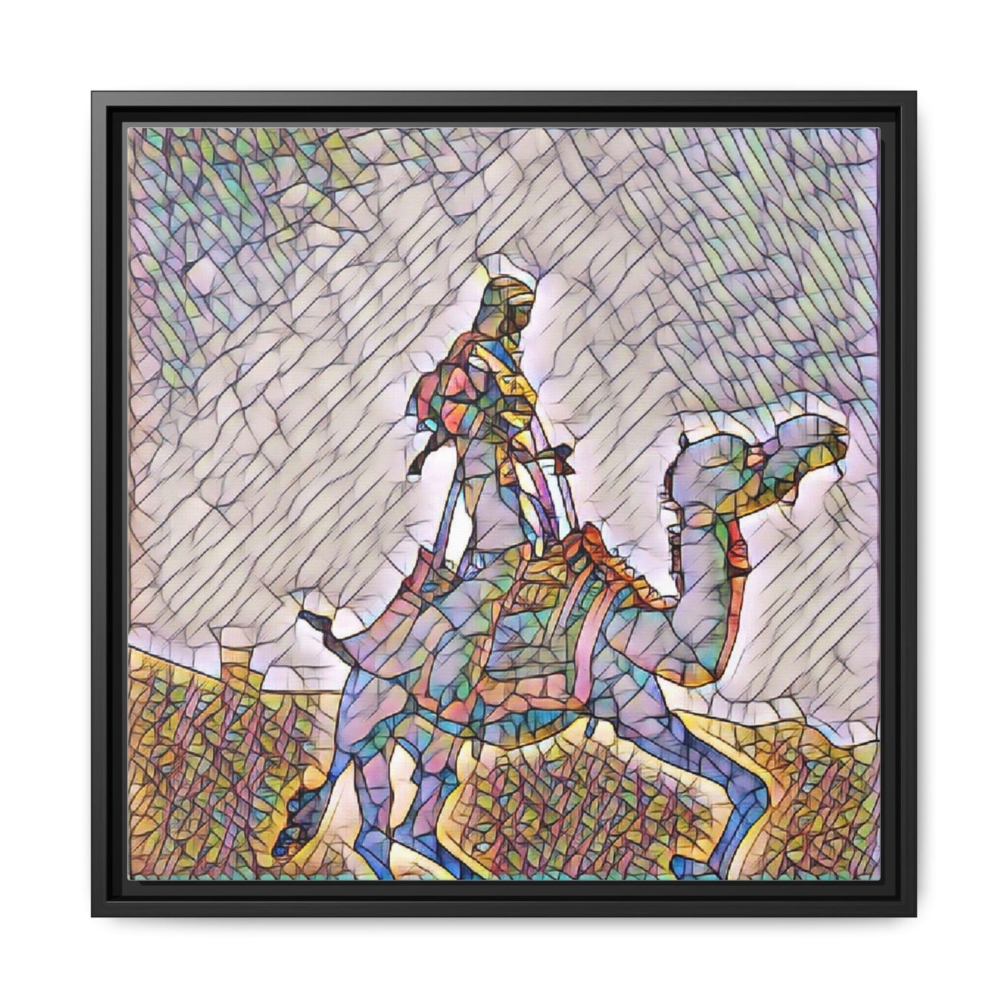 Framed Camel Rider Matte Canvas Art — Colorful Mosaic Desert Wall Decor