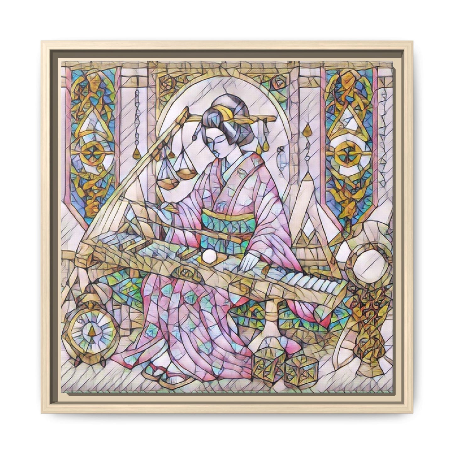 Framed Matte Canvas — Geisha Harp Stained-Glass Art Print