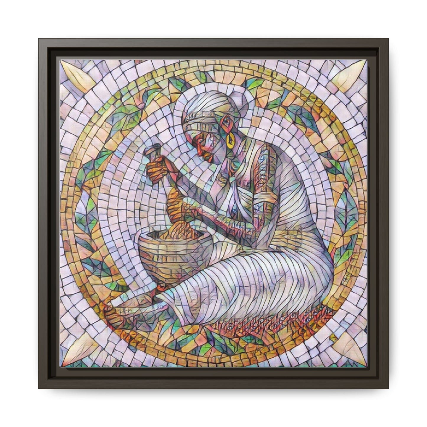 Framed Mosaic Art Print — Woman Grinding Grain (Matte Canvas)