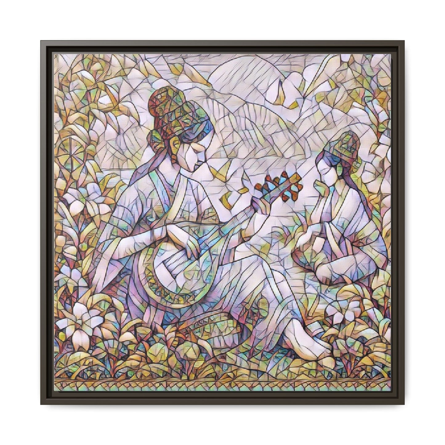 Framed Matte Canvas Art - Vintage Asian Musicians Floral Illustration