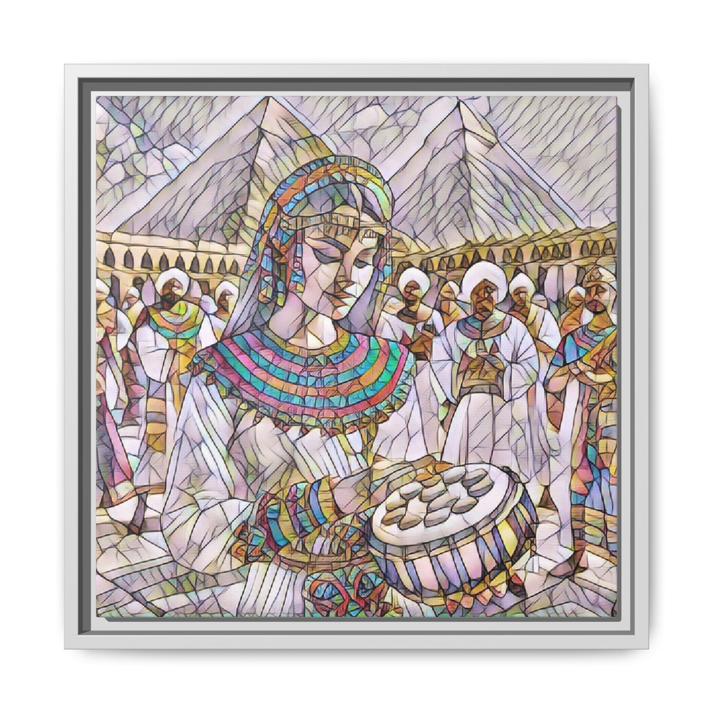 Egyptian Drum Player Framed Canvas Art — Colorful Ancient Scene Wall Decor
