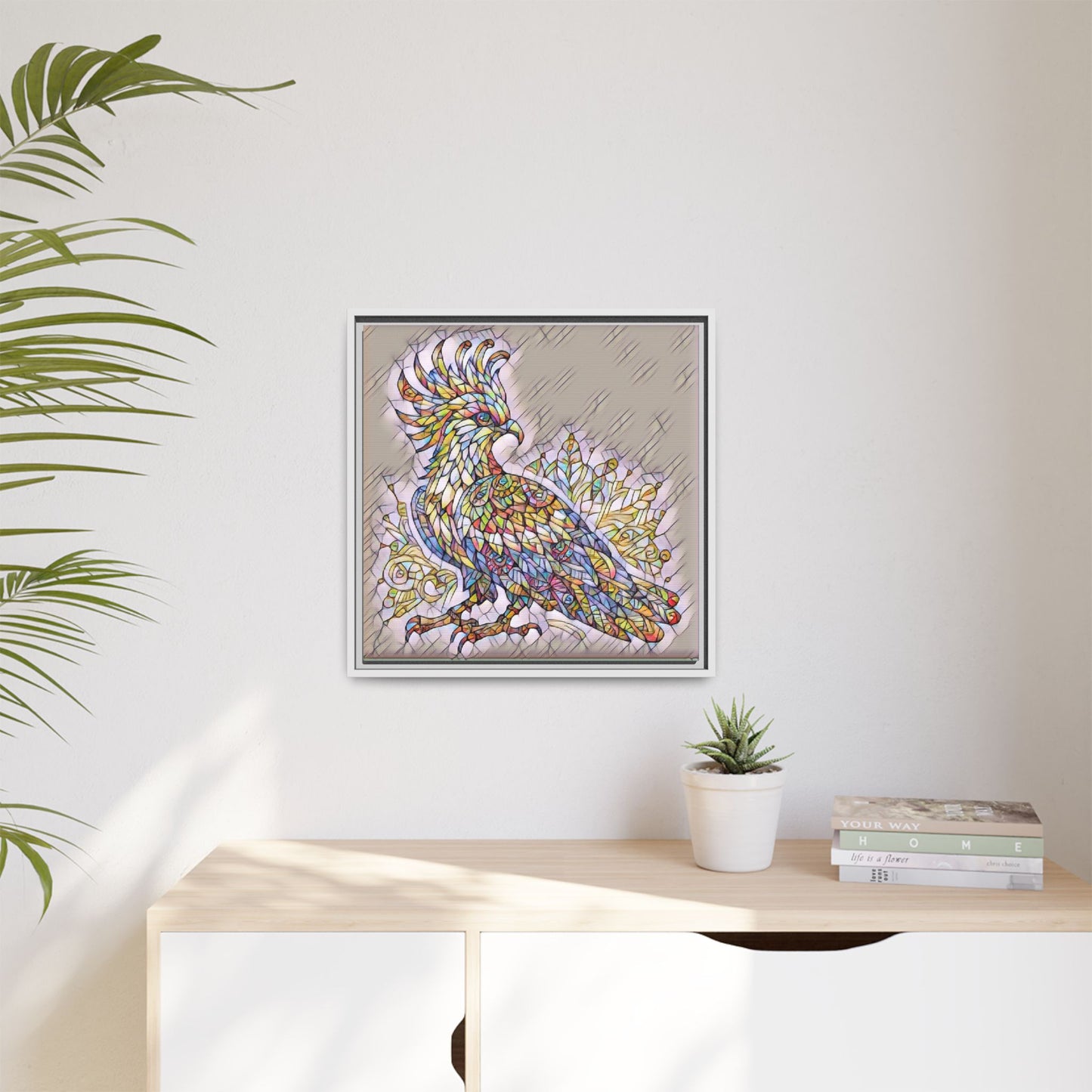 Colorful Stained-Glass Cockatoo Matte Framed Canvas