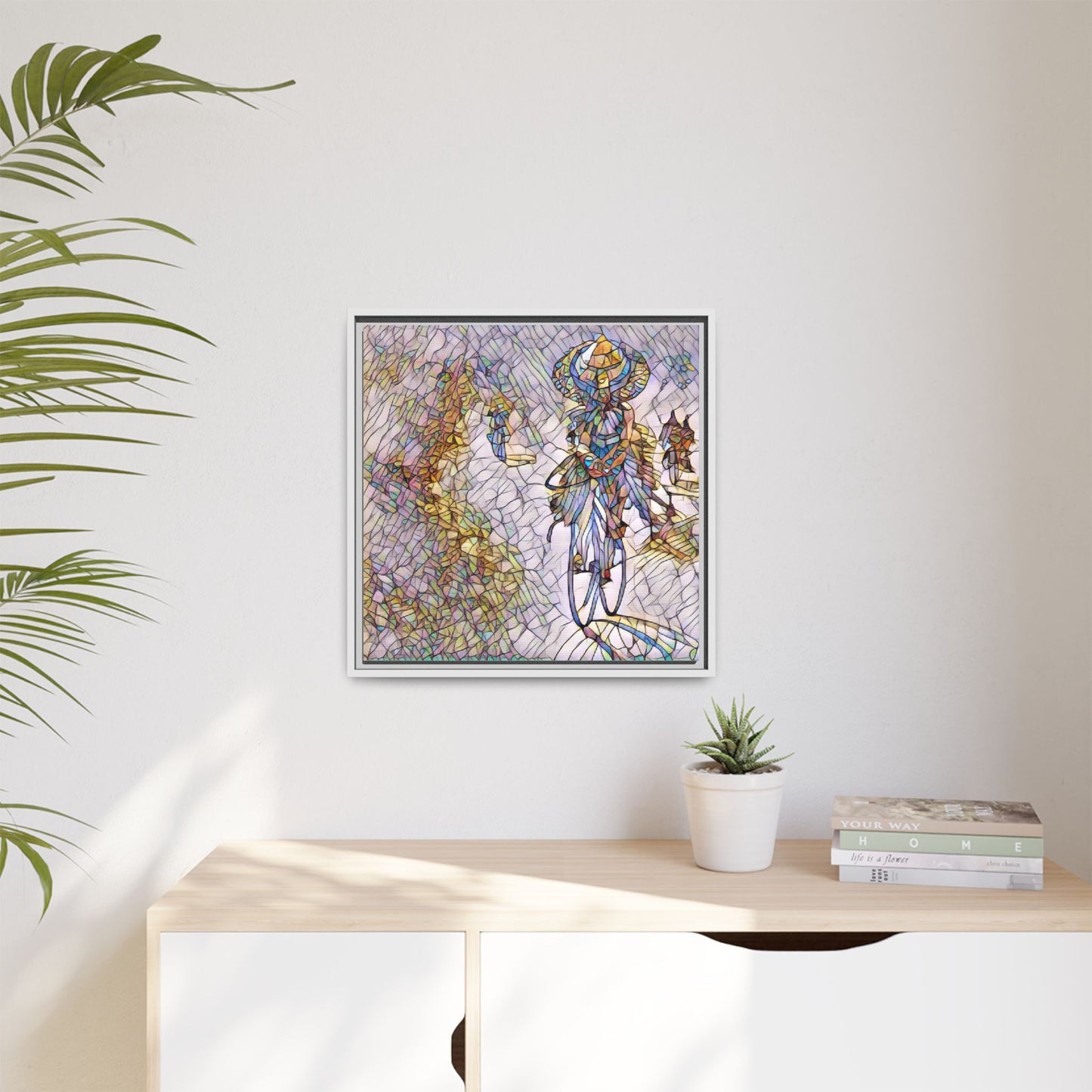Abstract Cyclist Stained-Glass Art Print — Framed Matte Canvas