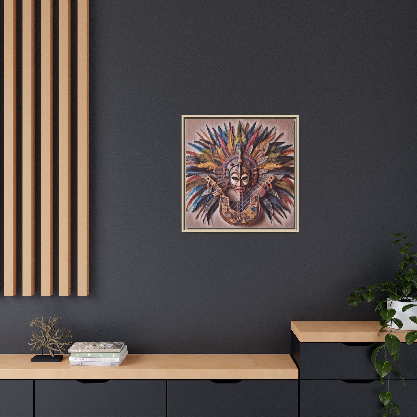 Tribal Feather Mask Guitar Framed Canvas Art — Colorful Boho Wall Decor