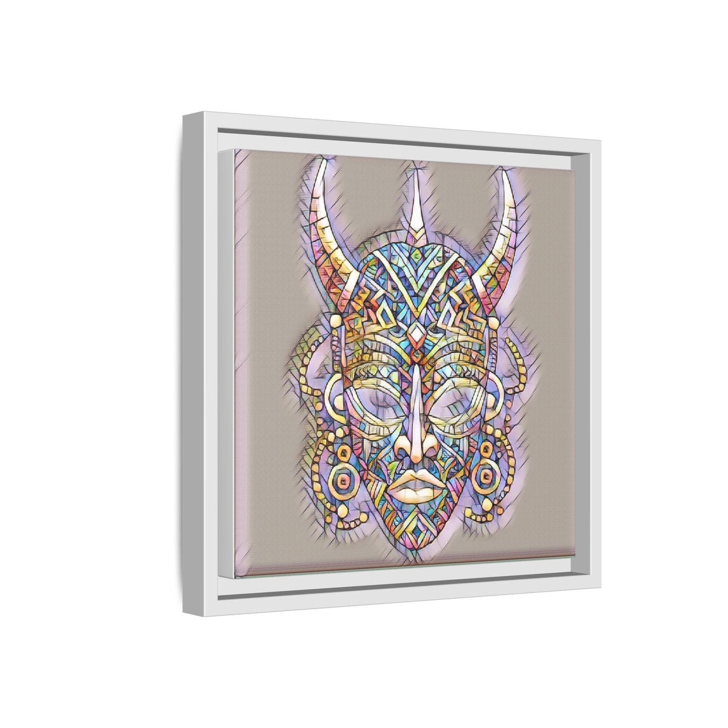 Colorful Tribal Mask Framed Canvas Art — Abstract Ethnic Wall Decor