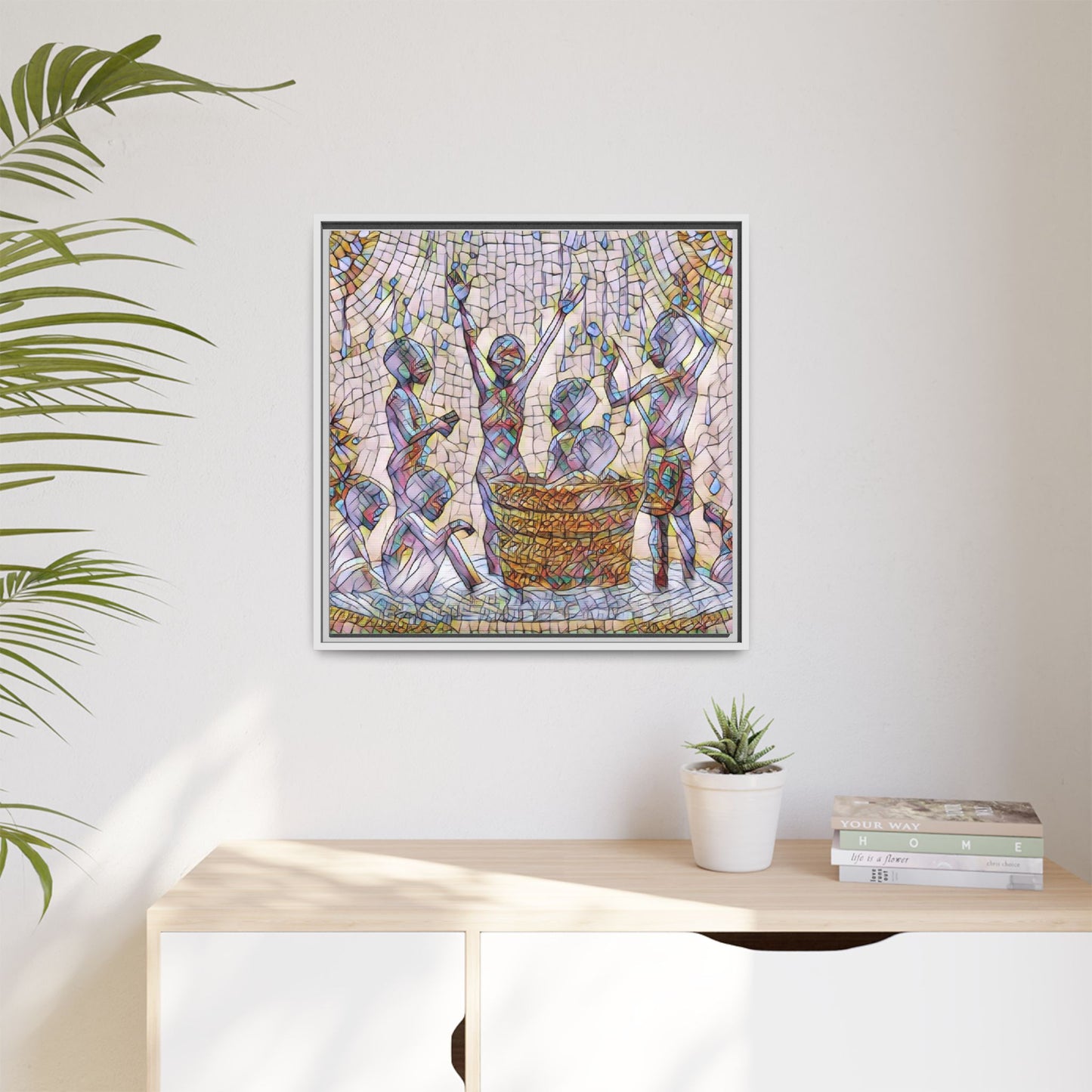 Framed Matte Canvas Art — Children Playing Mosaic Illustration