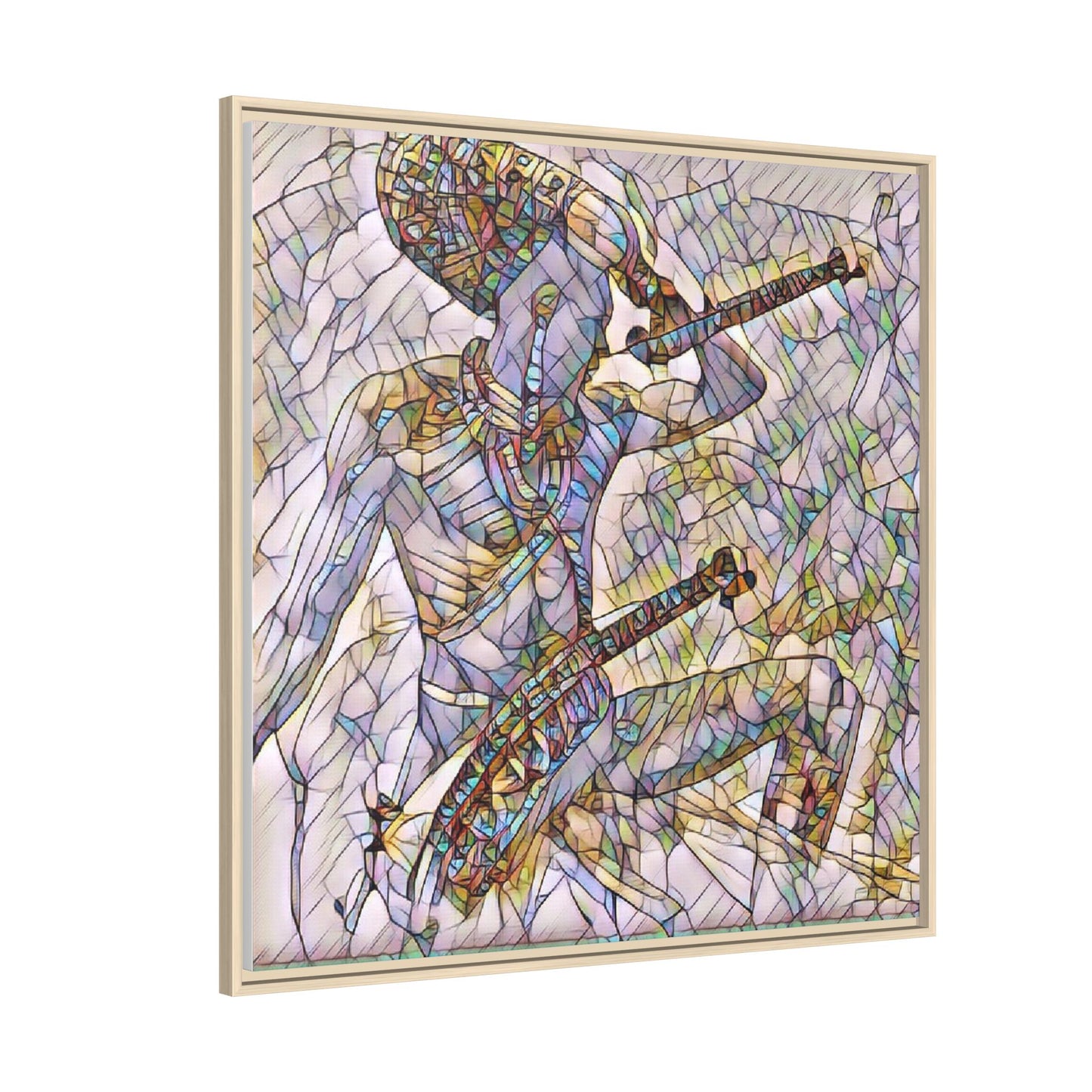 Stained Glass Blue Musician — Framed Matte Canvas Art