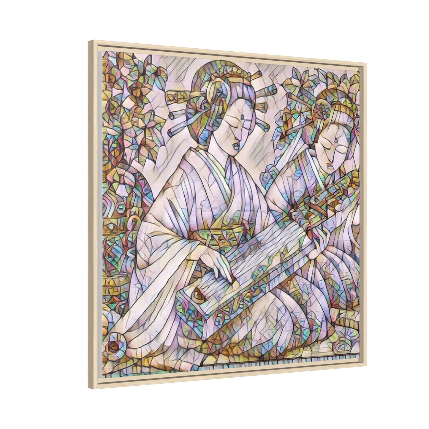 Framed Matte Canvas Print — Stained-Glass Geisha Duo