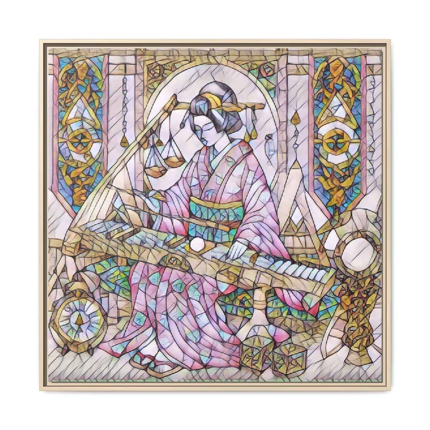 Framed Matte Canvas — Geisha Harp Stained-Glass Art Print