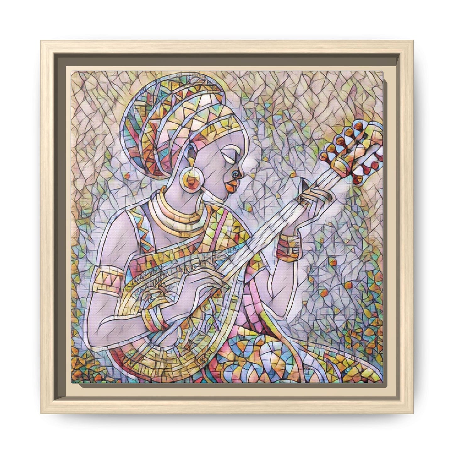 Framed Canvas Art — Colorful African Woman Playing Lute (Matte Multi‑Color)