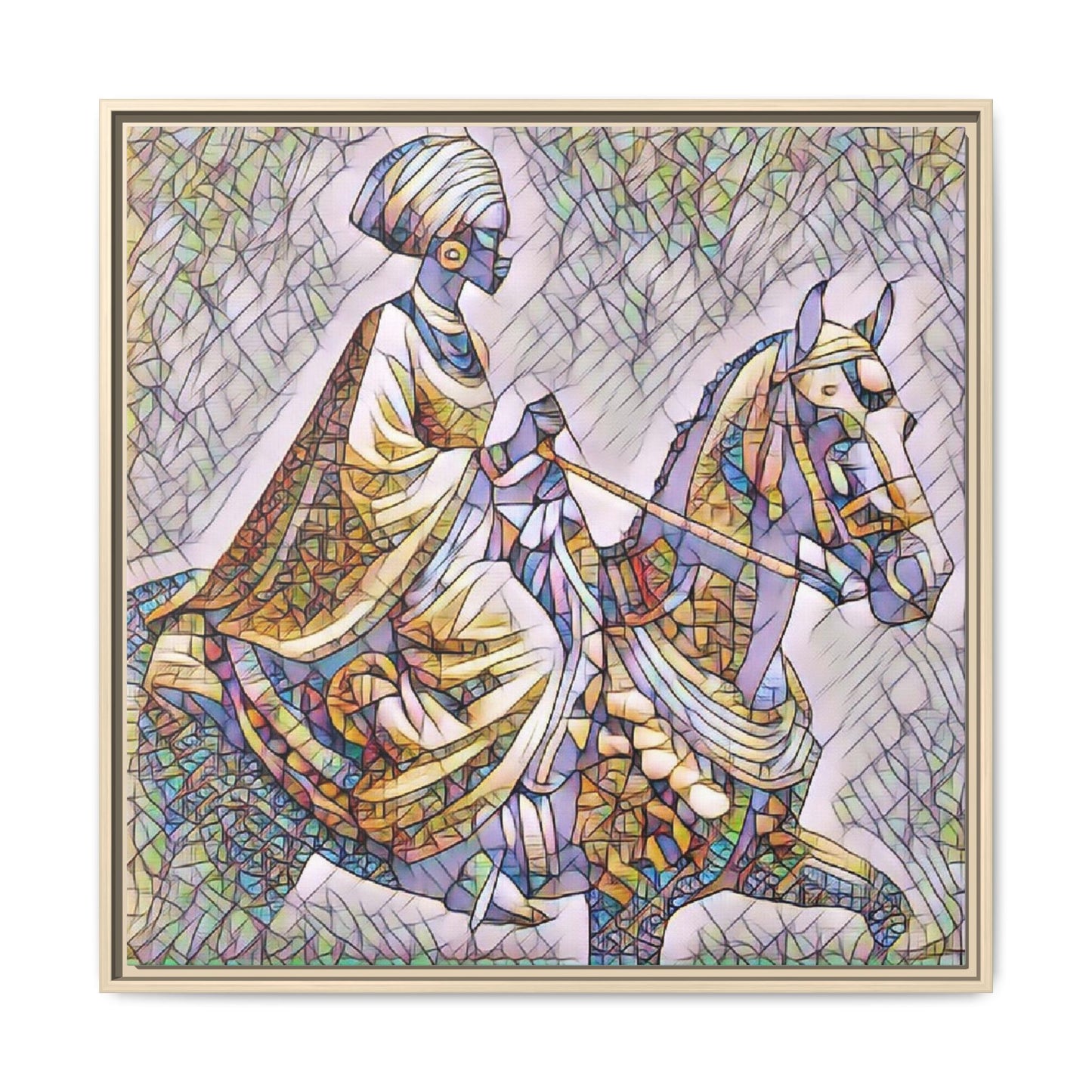Mosaic Rider Framed Canvas Art — African Horsewoman Wall Decor