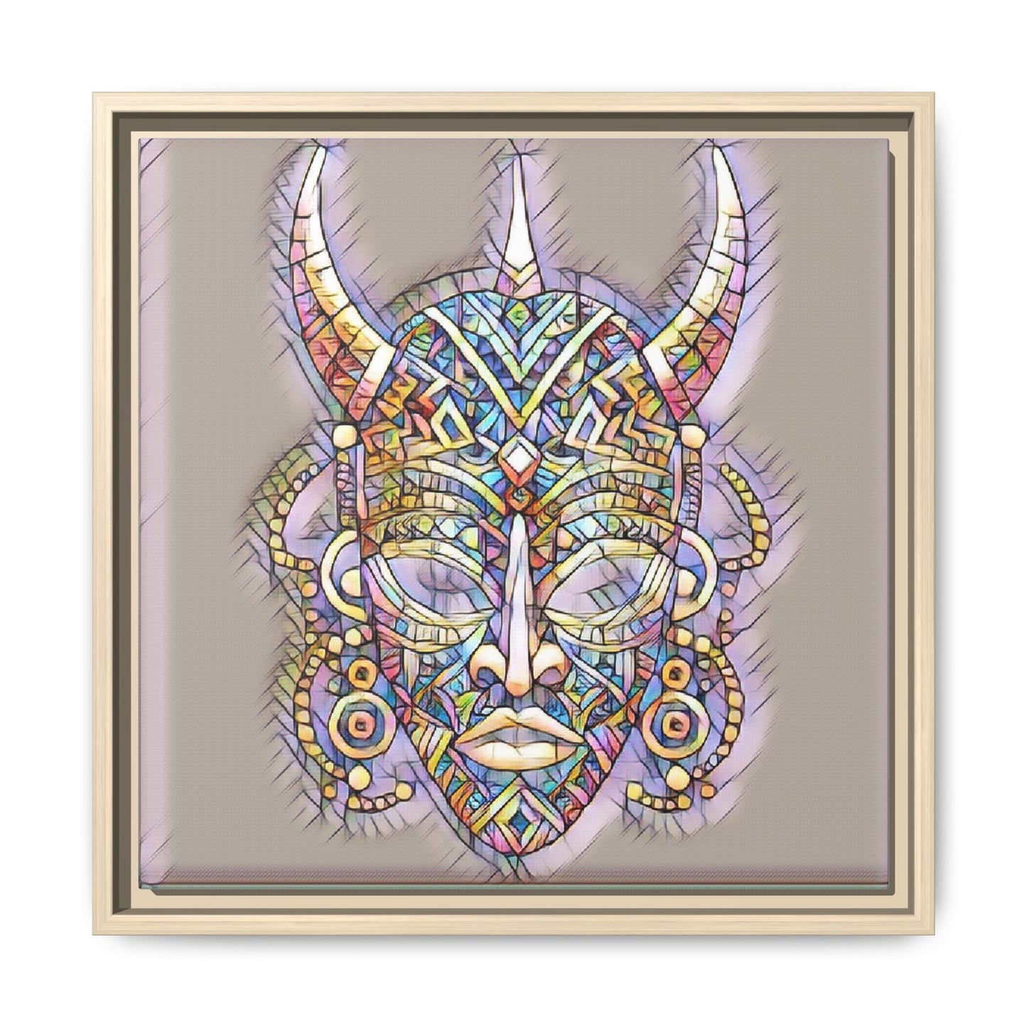 Colorful Tribal Mask Framed Canvas Art — Abstract Ethnic Wall Decor