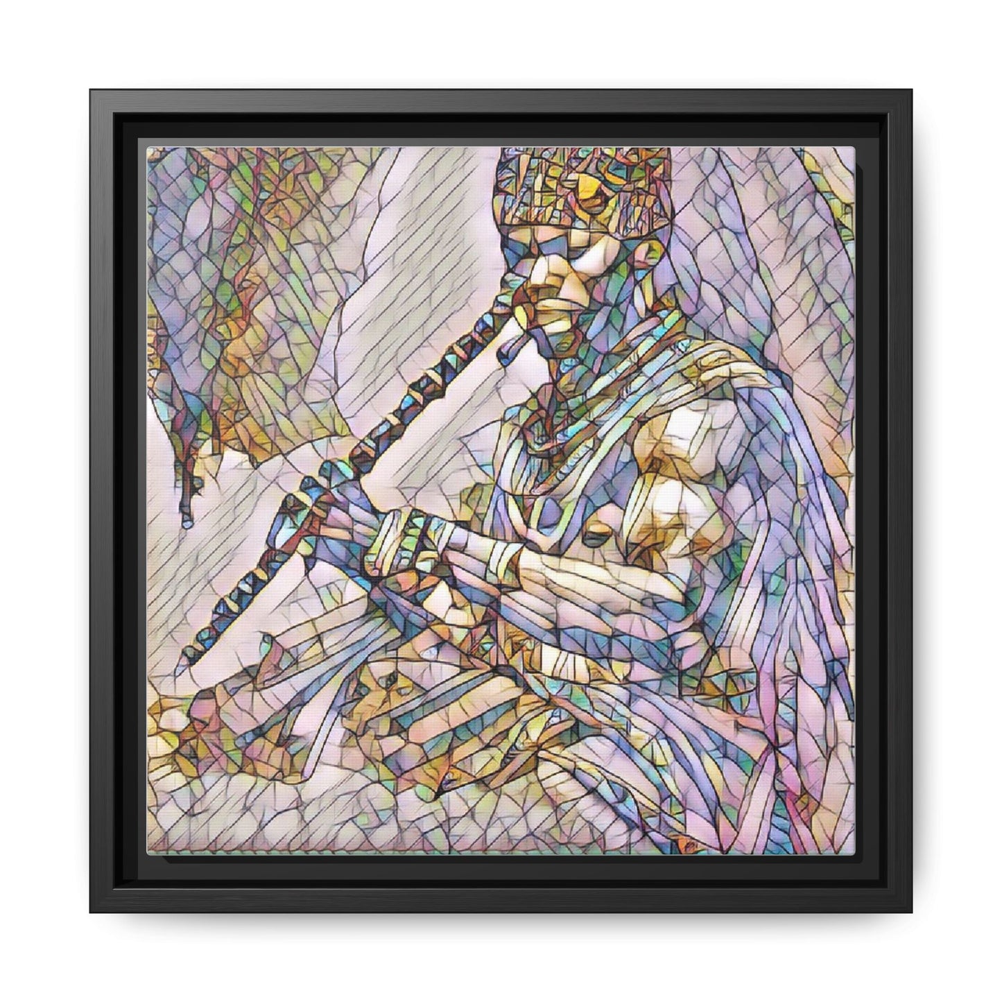 Tribal Flute Musician Stained-Glass Framed Canvas Art