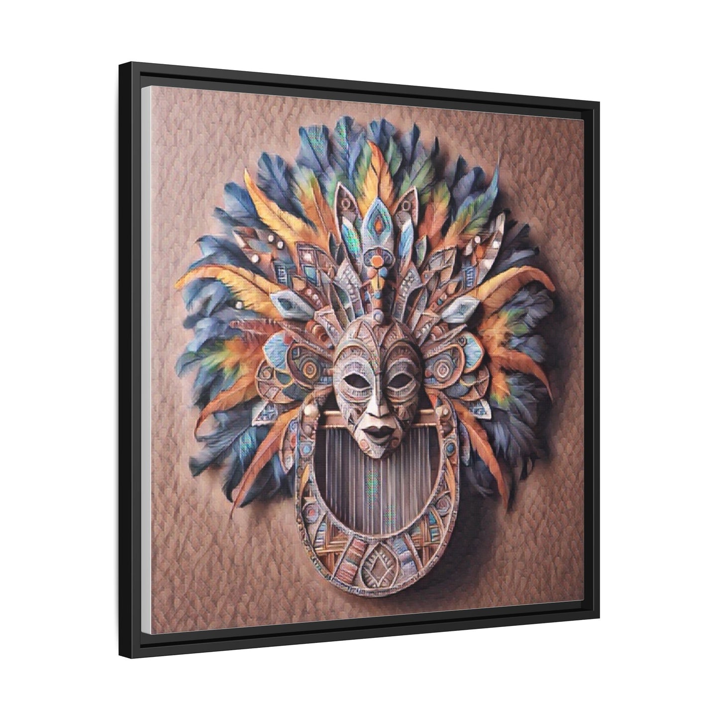Tribal Feather Mask Framed Canvas Wall Art — Colorful Boho Decorative Print