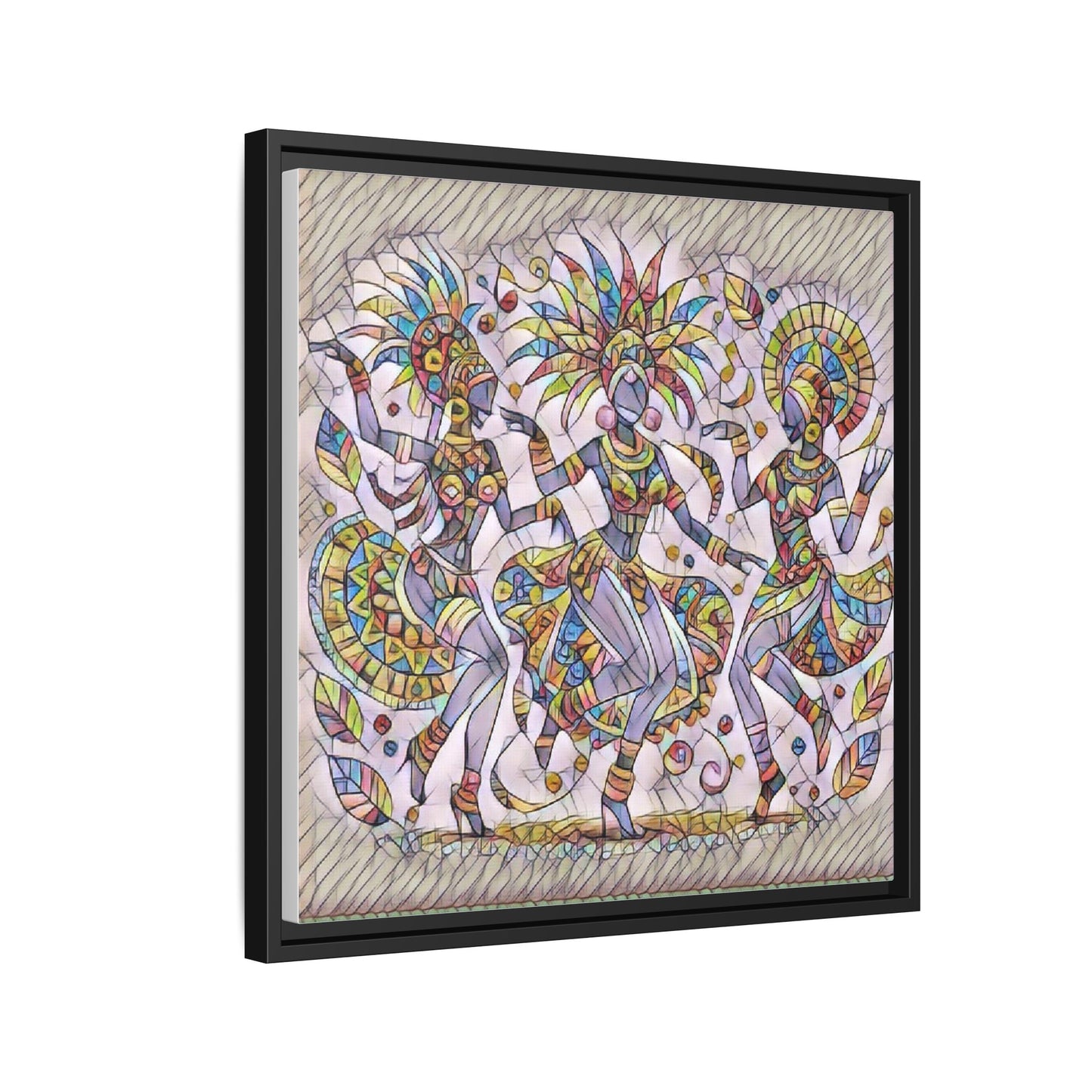 Colorful Carnival Dancers Framed Canvas Art — Multicolor Tribal Celebration Print
