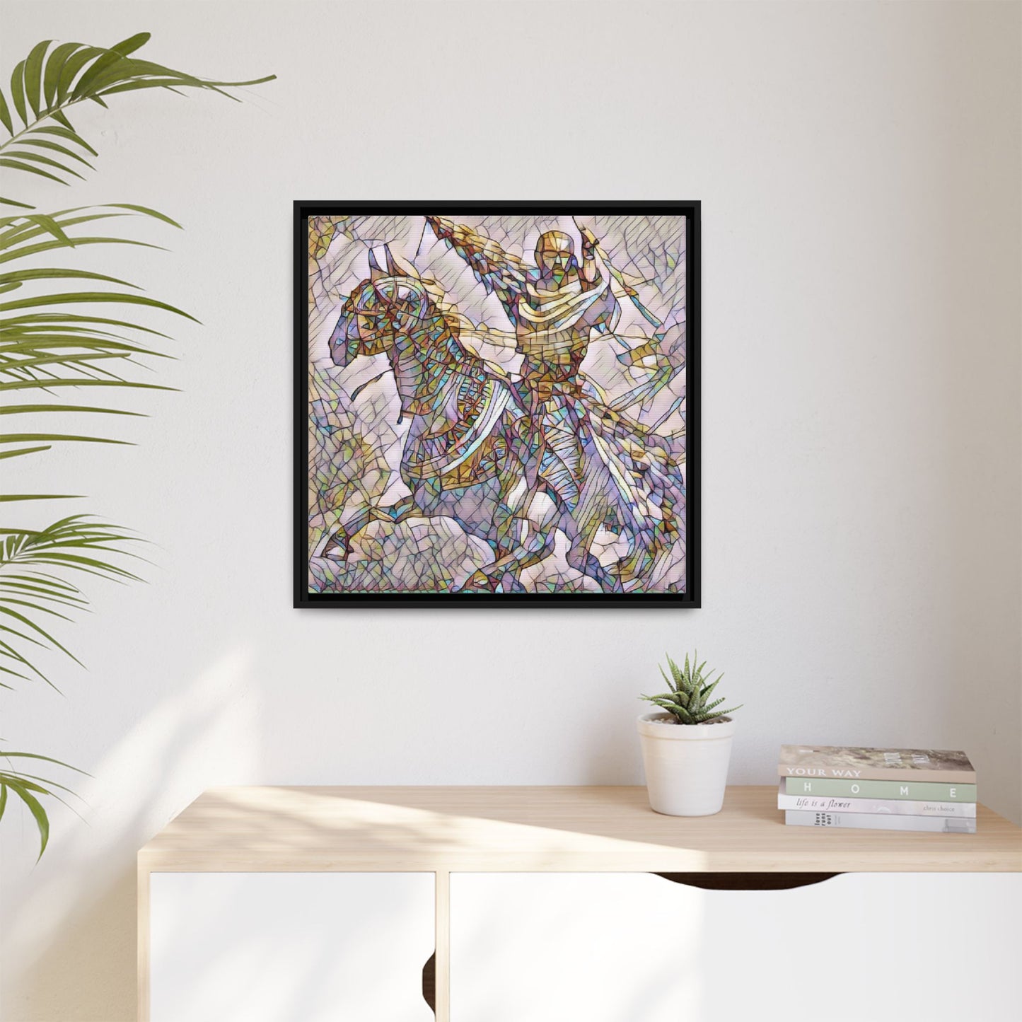 Framed Matte Canvas Print — Stained Glass Knight on Horse Artwork