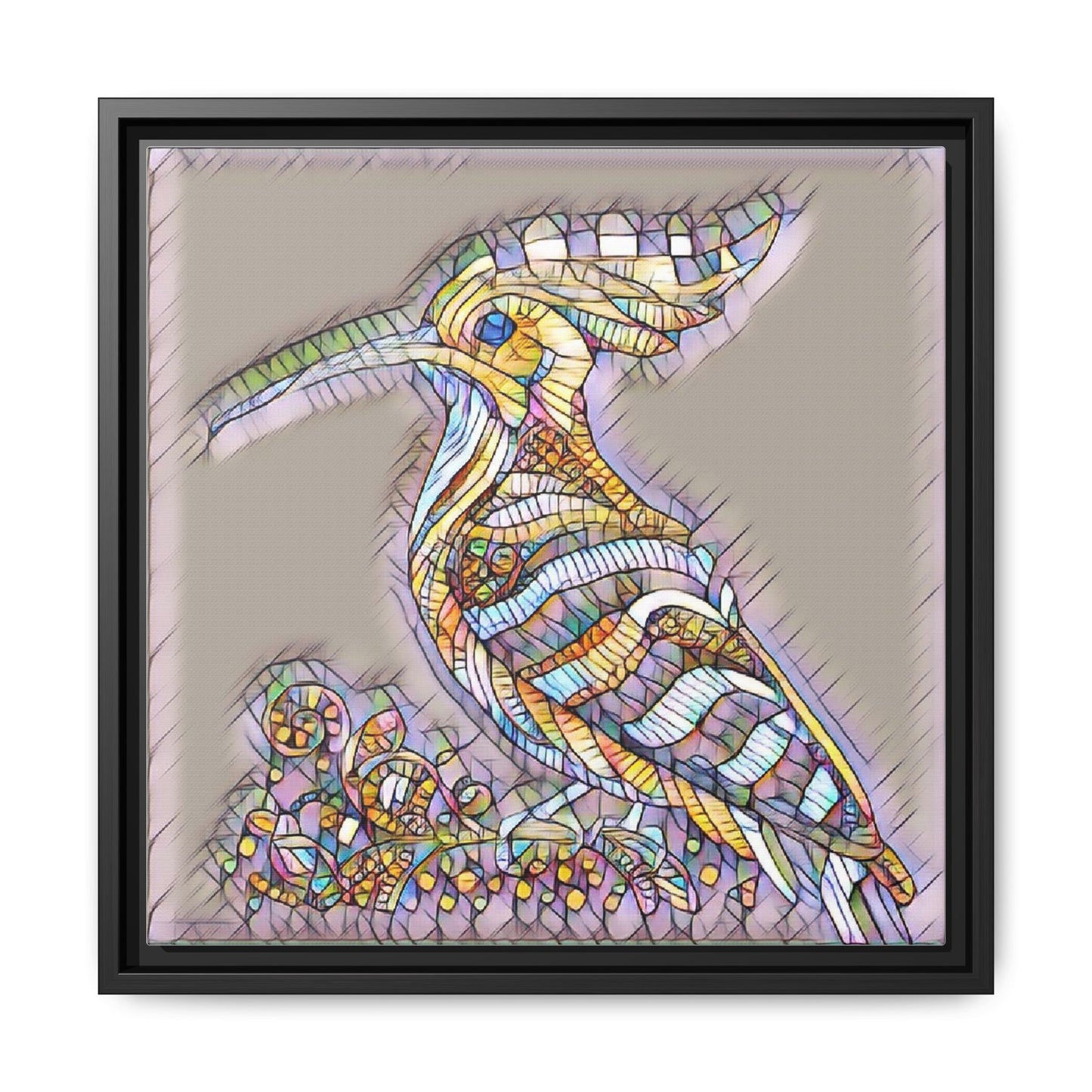 Colorful Mosaic Bird Framed Canvas Art — Whimsical Hoopoe Wall Decor