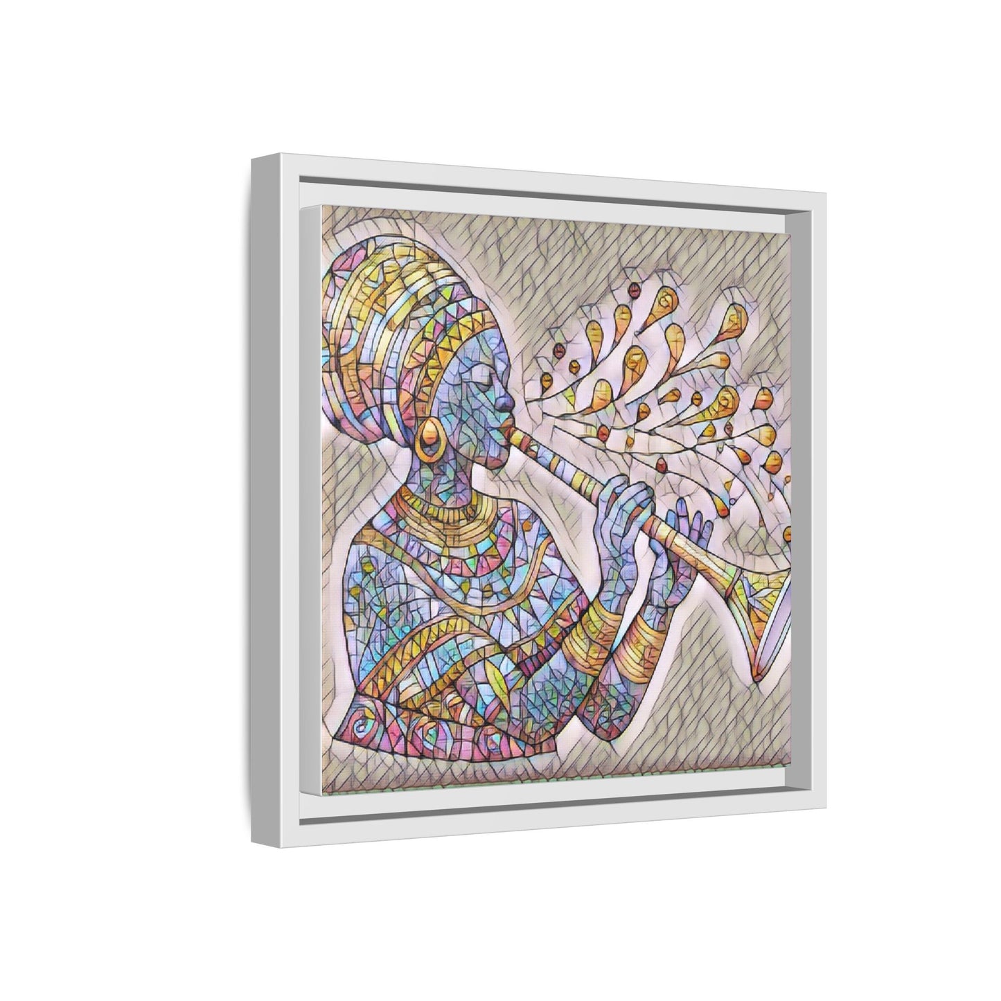 Framed Matte Canvas Art – Colorful African Musician Trumpet Print