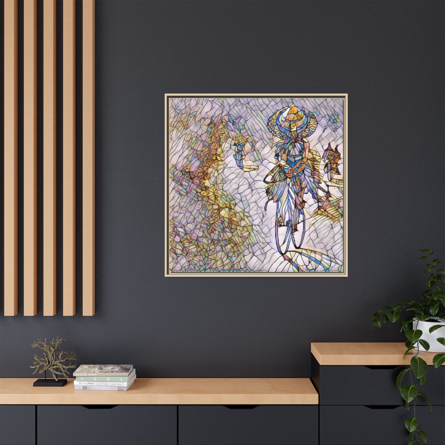 Abstract Cyclist Stained-Glass Art Print — Framed Matte Canvas
