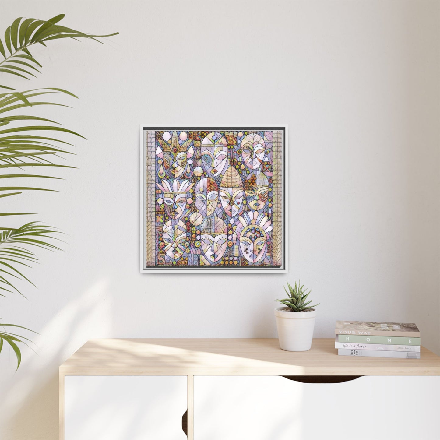 Framed Abstract Mask Art Canvas — Multicolor Stained-Glass Faces Wall Decor