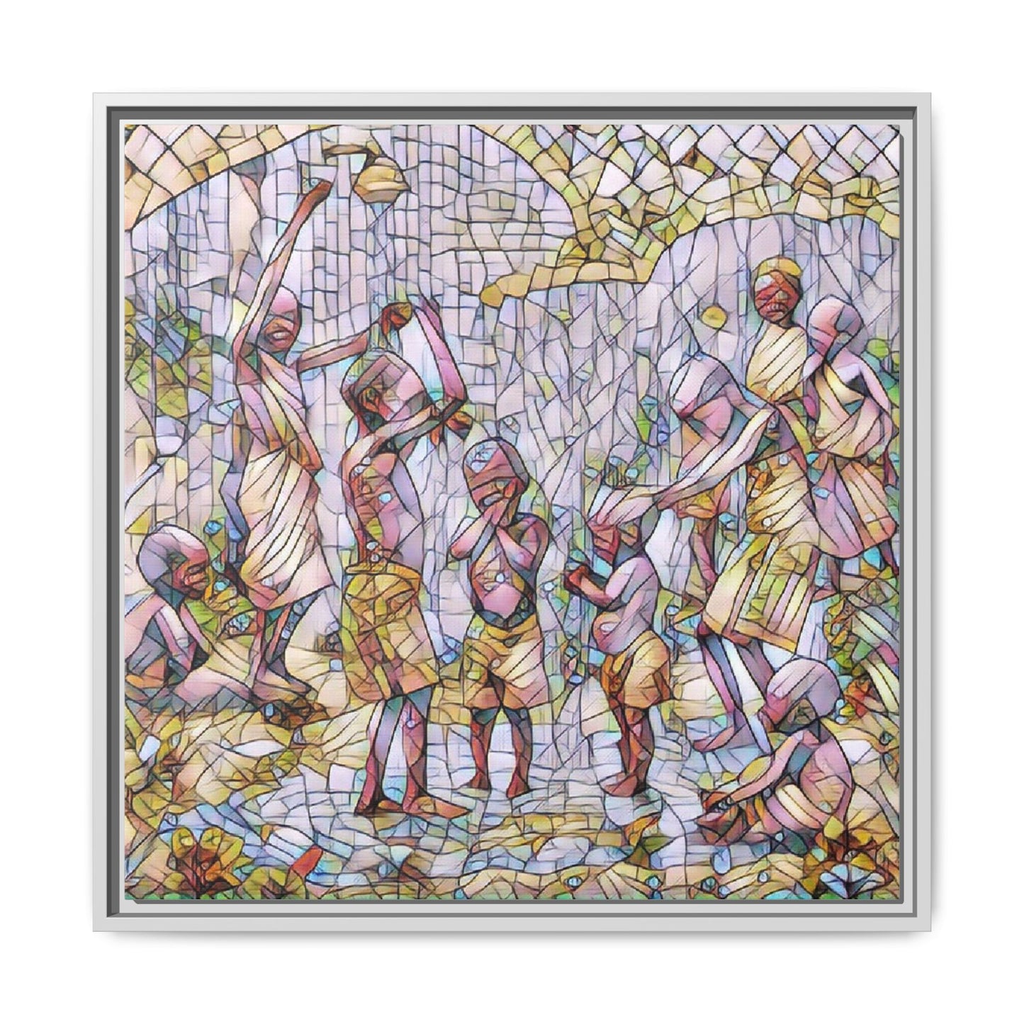 Framed Matte Canvas – Colorful Mosaic Children Playing Wall Art