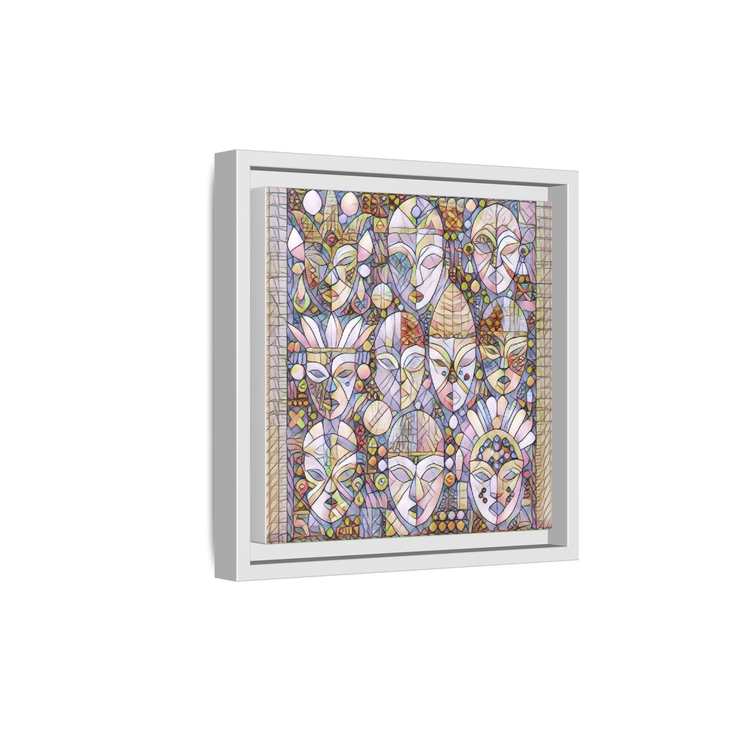 Framed Abstract Mask Art Canvas — Multicolor Stained-Glass Faces Wall Decor