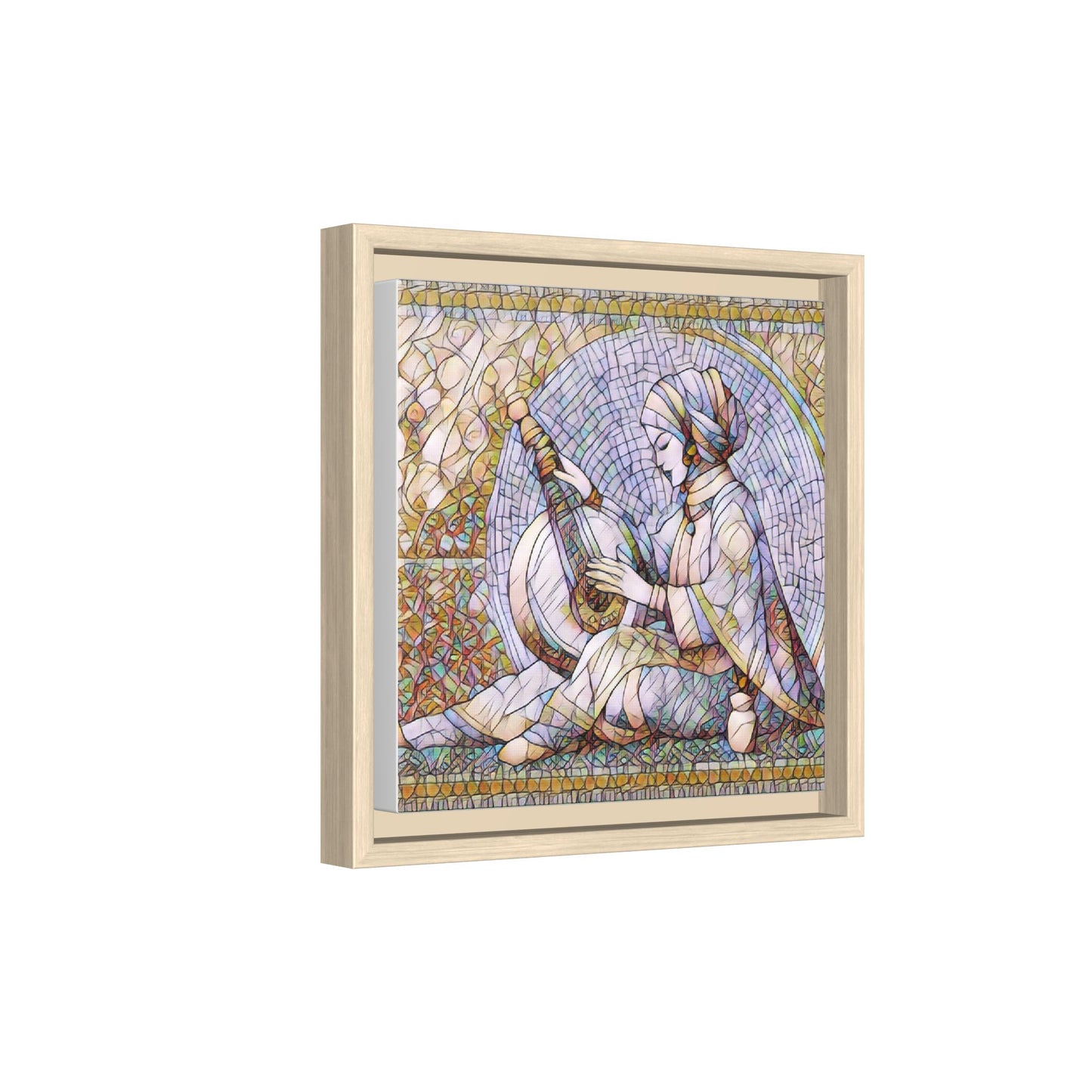 Framed Matte Canvas: Mosaic Lute Player Wall Art — Bohemian Musical Portrait