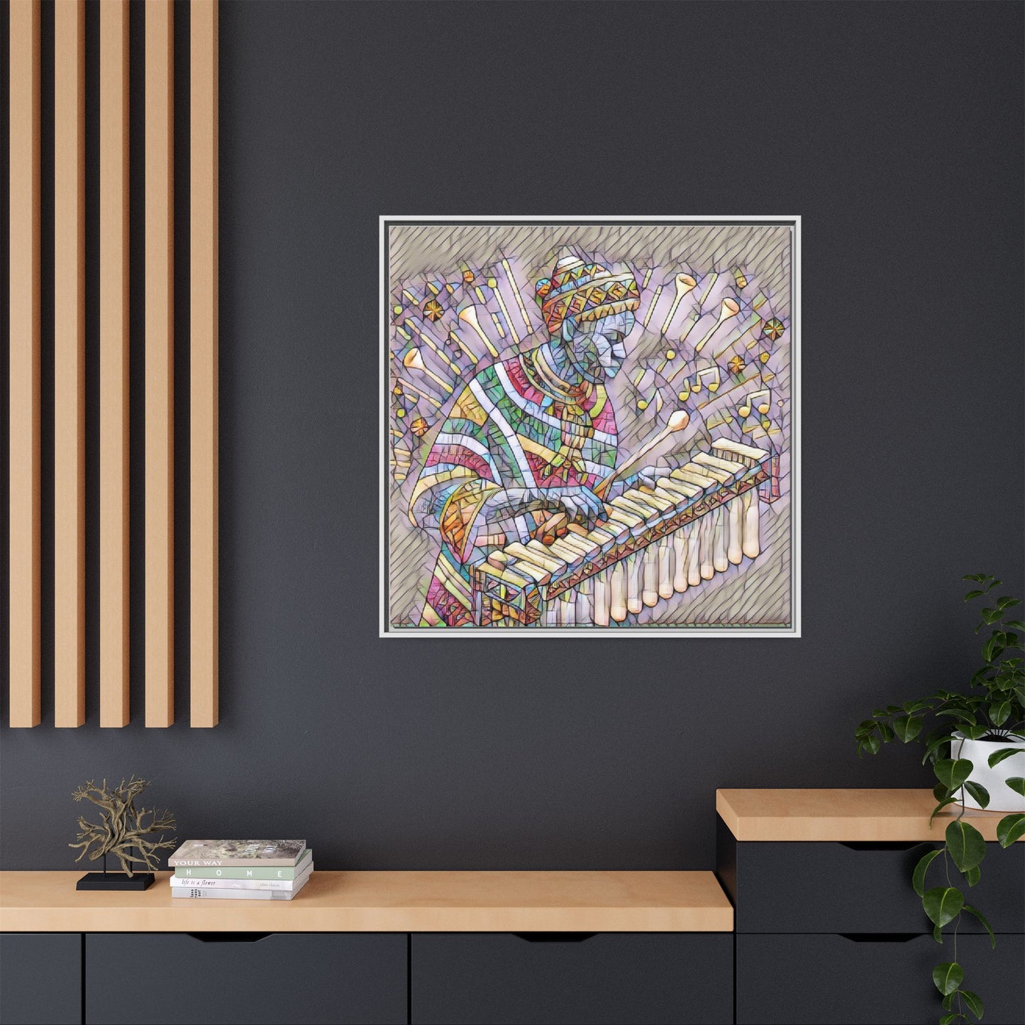 Colorful Marimba Musician Matte Framed Canvas — Vibrant African Instrument Wall Art