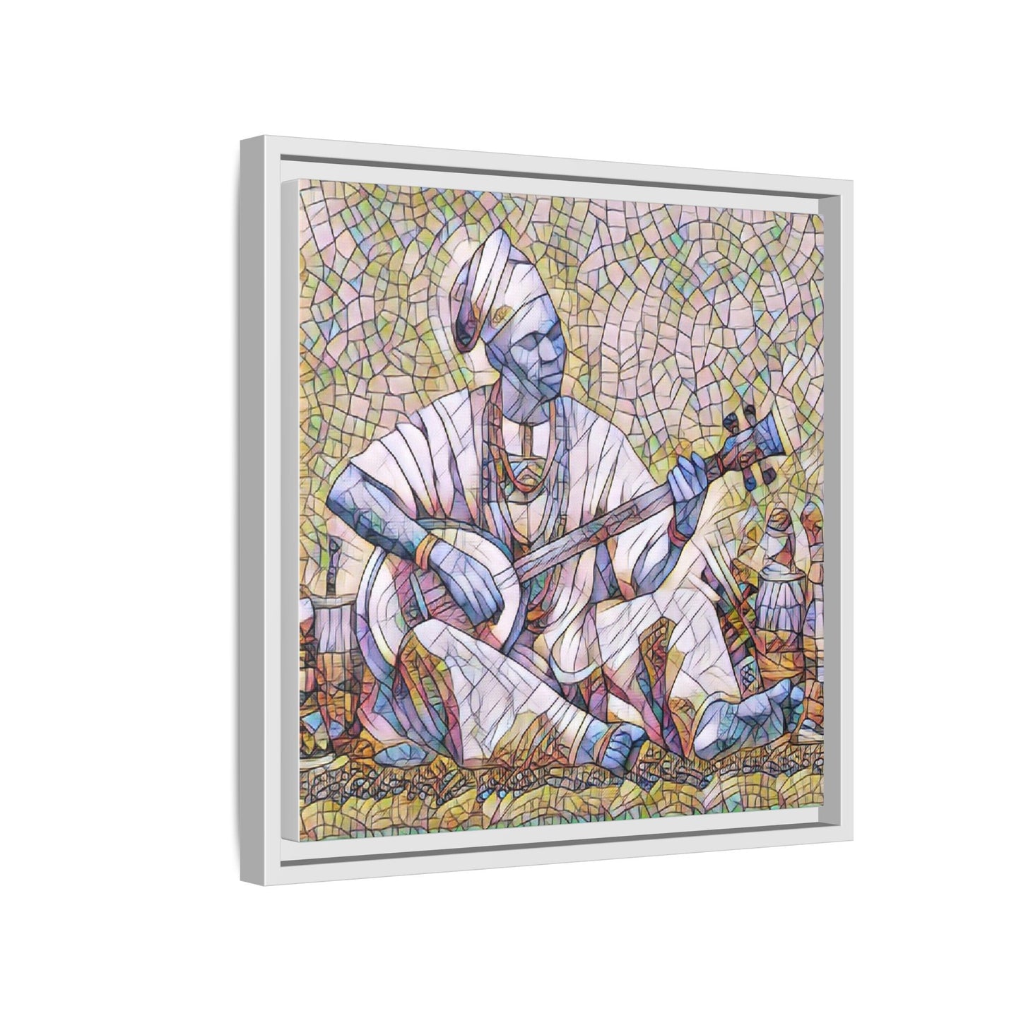 Framed Mosaic Musician Canvas Art — African Griot with Kora