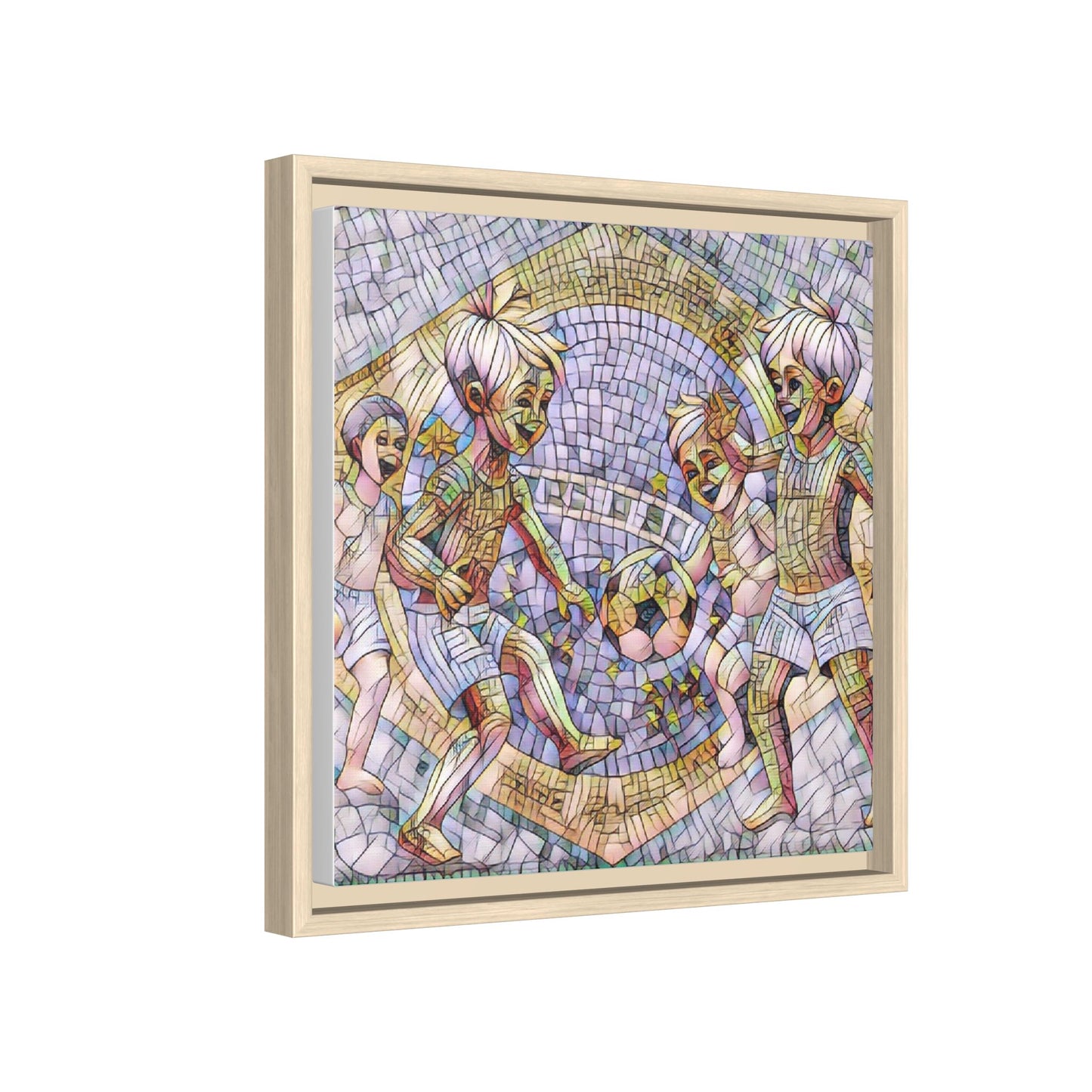 Framed Matte Canvas – Vintage Mosaic Kids Playing Soccer Art