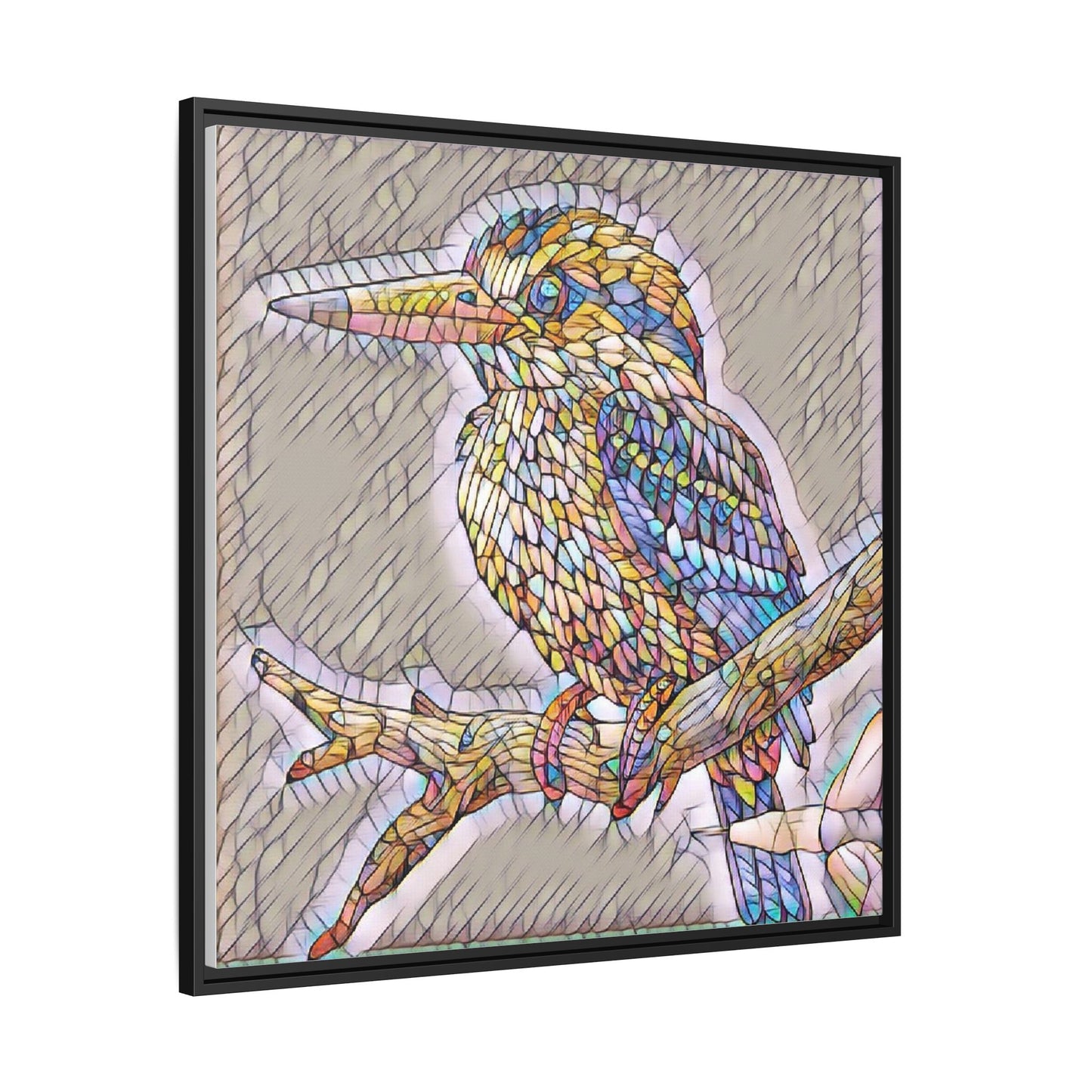 Colorful Kingfisher Framed Canvas Wall Art — Stained-Glass Style Bird Print
