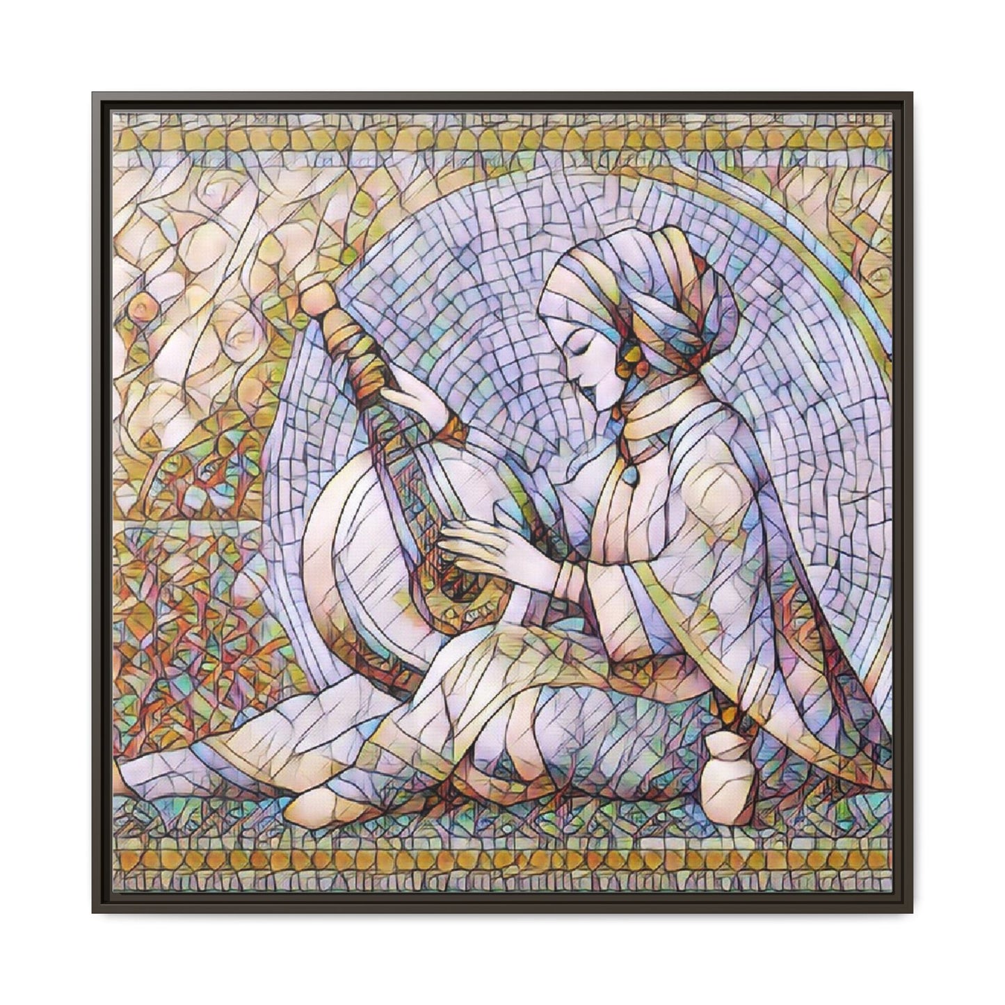 Framed Matte Canvas: Mosaic Lute Player Wall Art — Bohemian Musical Portrait