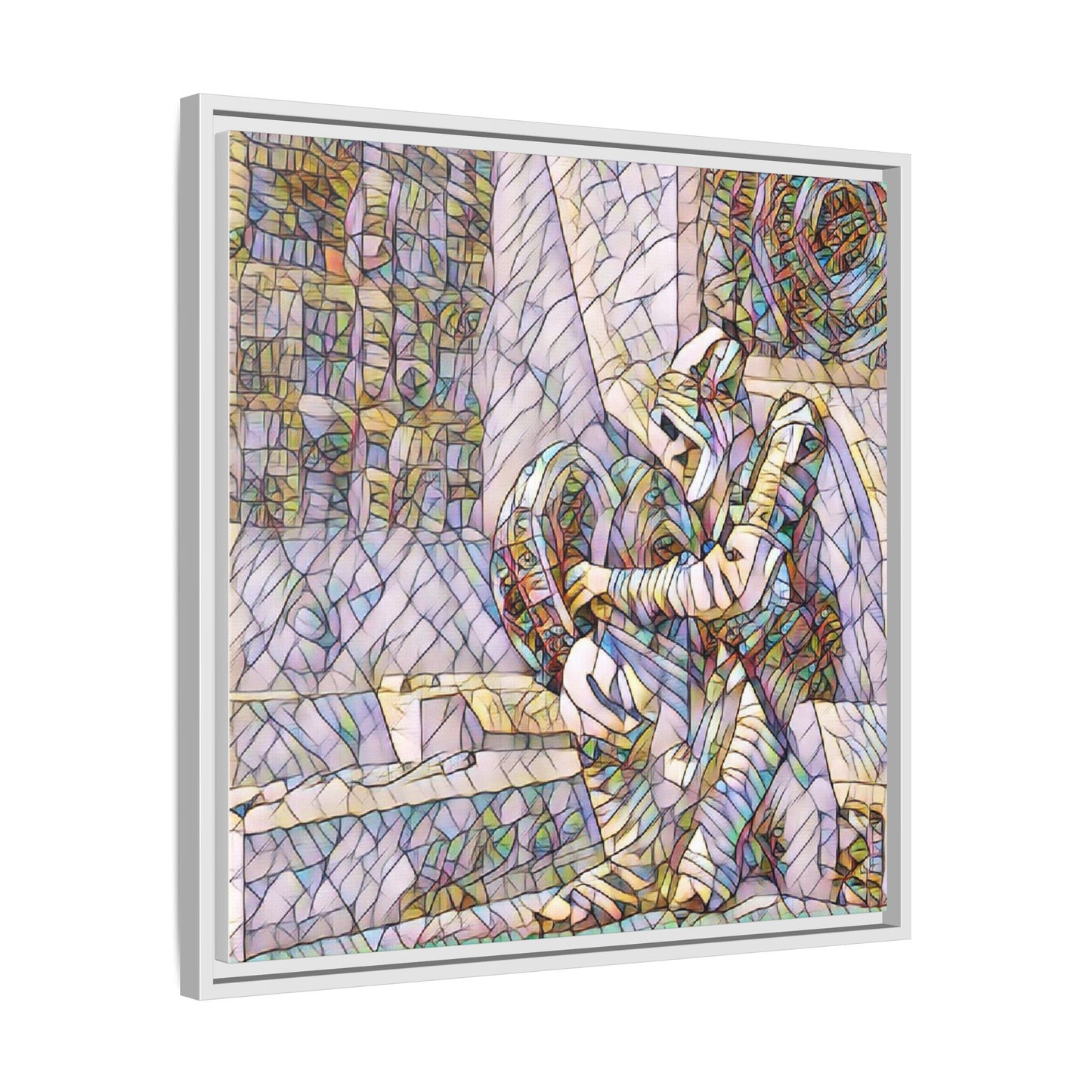 Framed Matte Canvas Art — Colorful Stained-Glass Astronaut Embrace