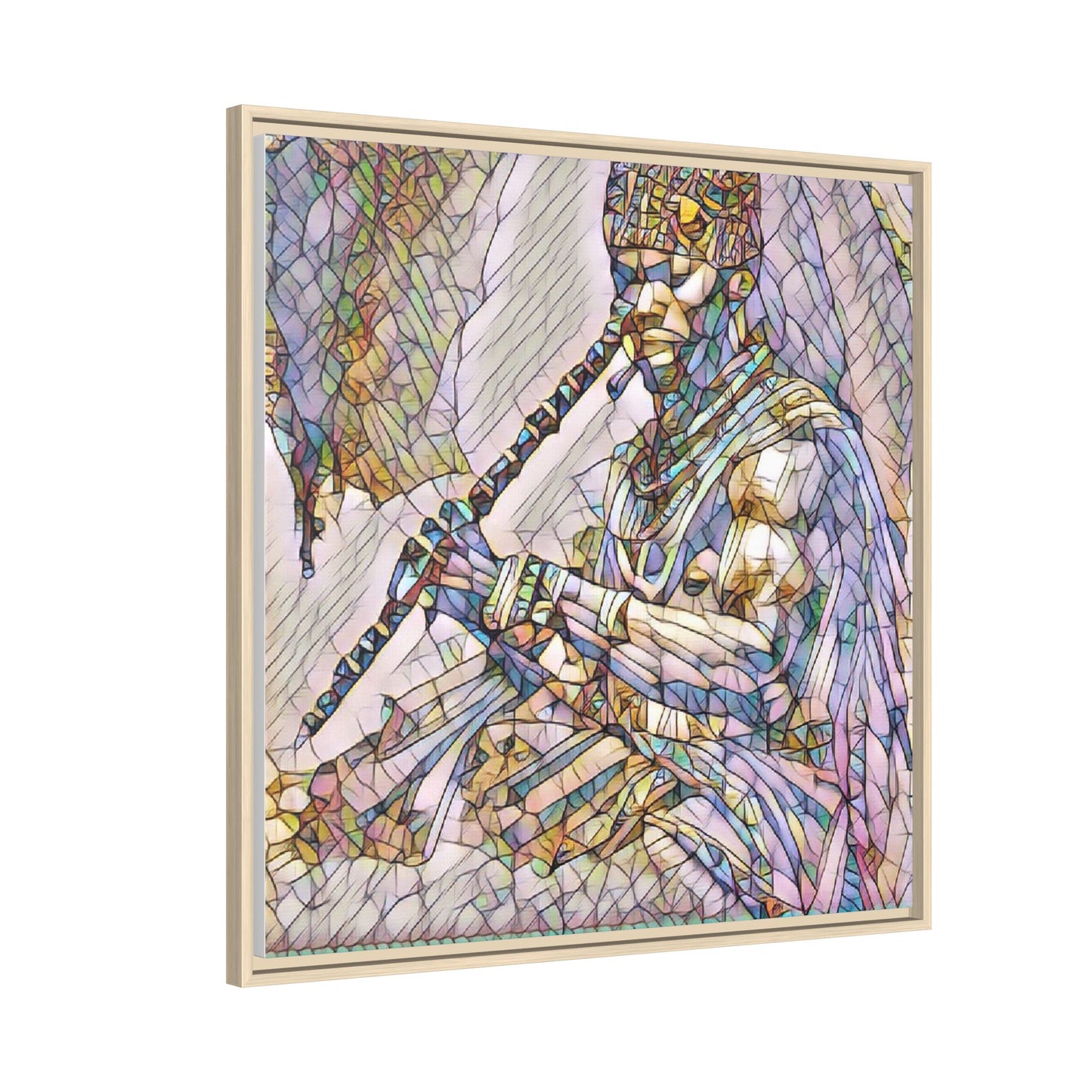 Tribal Flute Musician Stained-Glass Framed Canvas Art