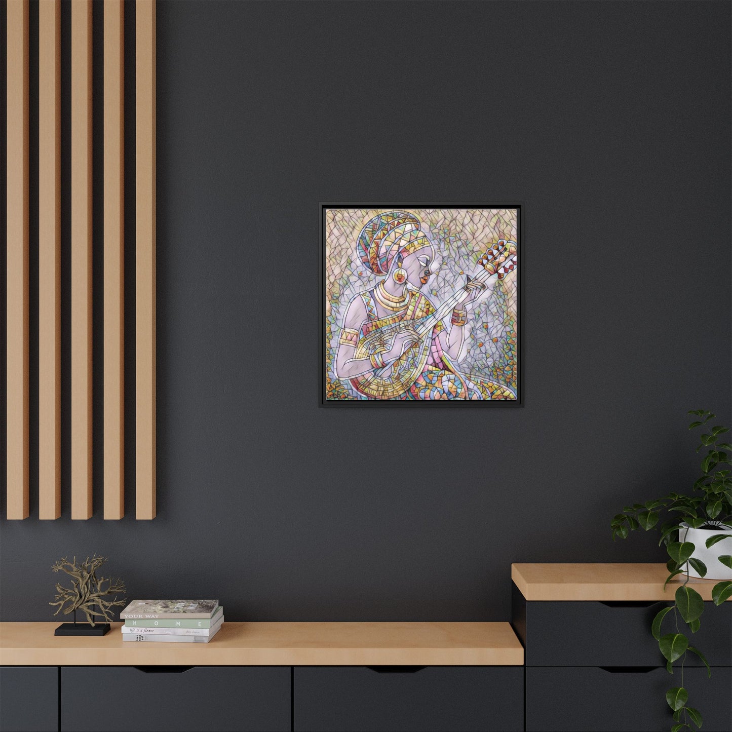 Framed Canvas Art — Colorful African Woman Playing Lute (Matte Multi‑Color)