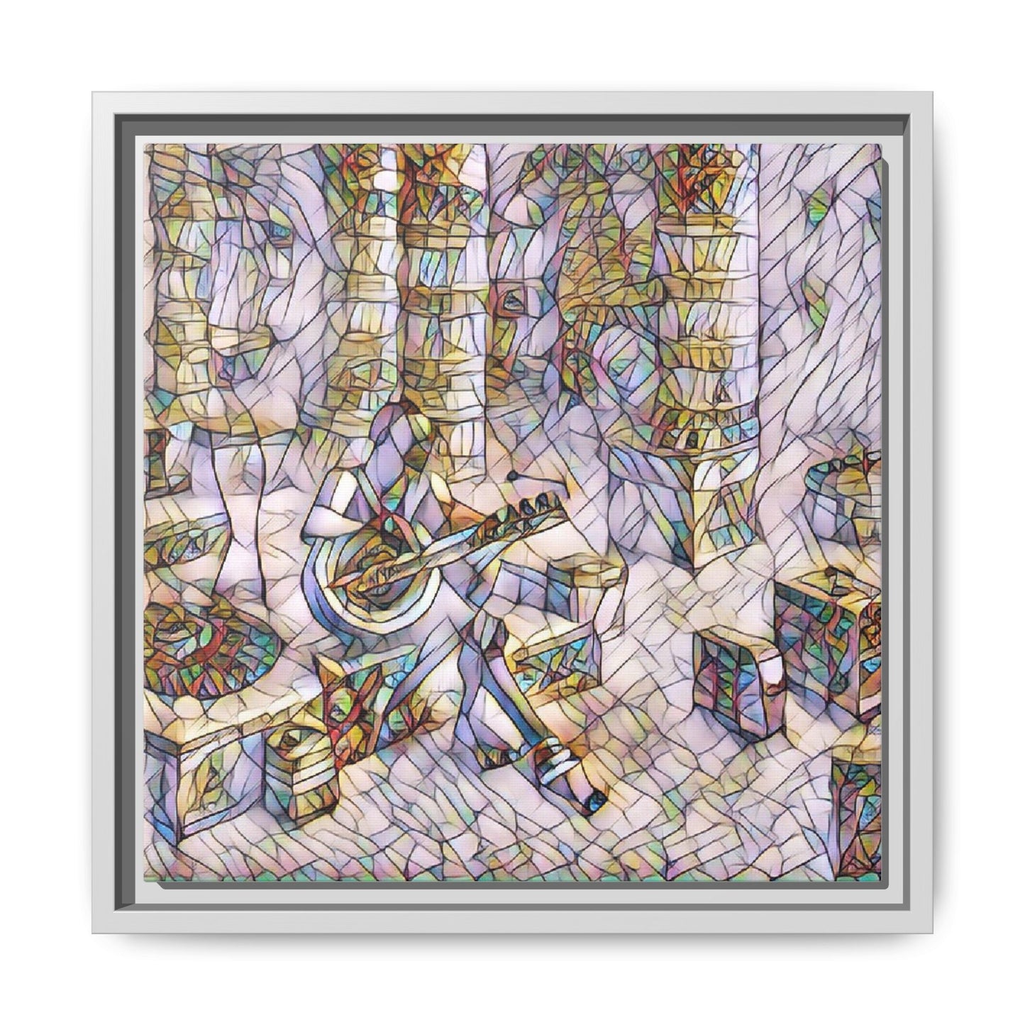 Framed Matte Canvas Art - Abstract Guitarist in Colorful Mosaic