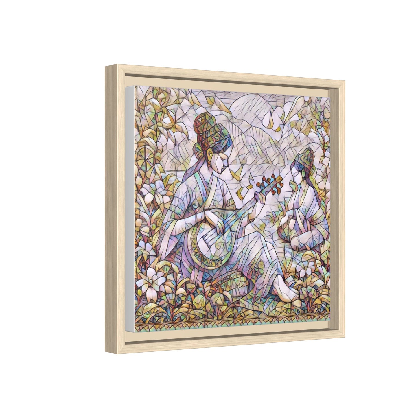 Framed Matte Canvas Art - Vintage Asian Musicians Floral Illustration