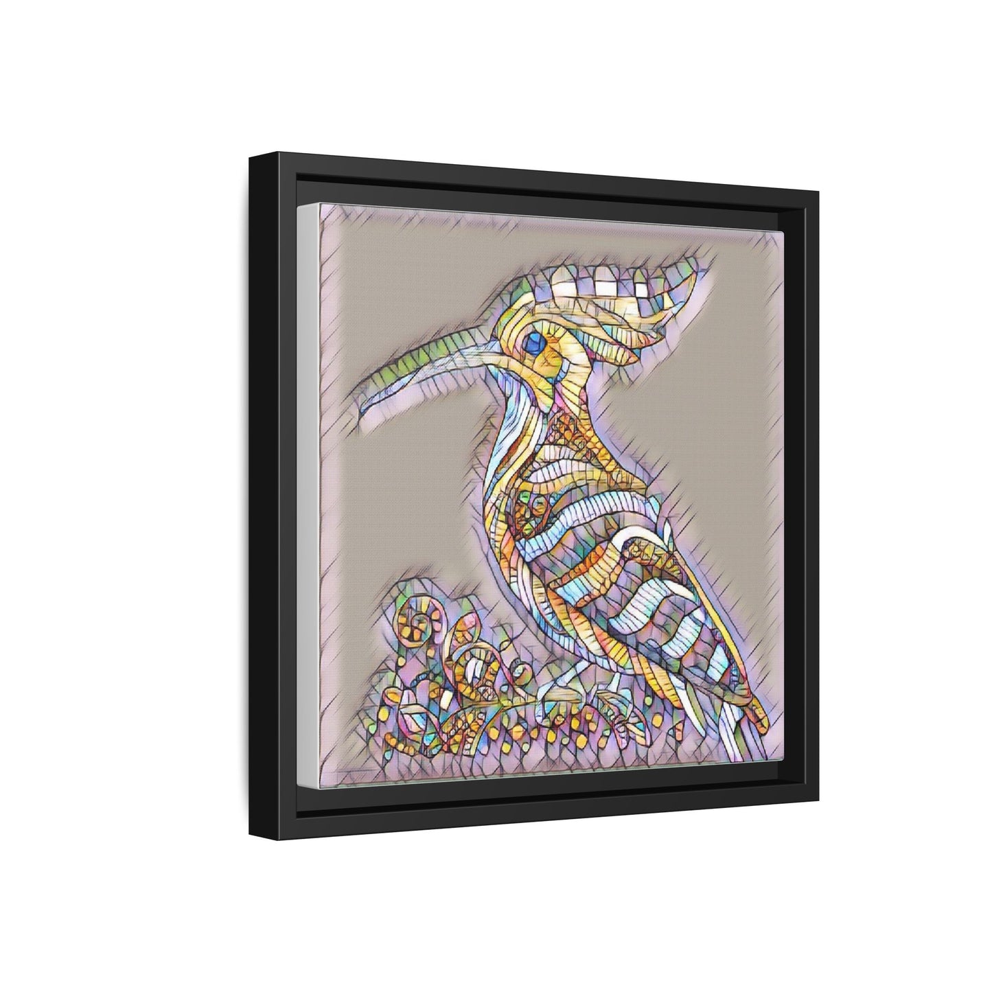 Colorful Mosaic Bird Framed Canvas Art — Whimsical Hoopoe Wall Decor