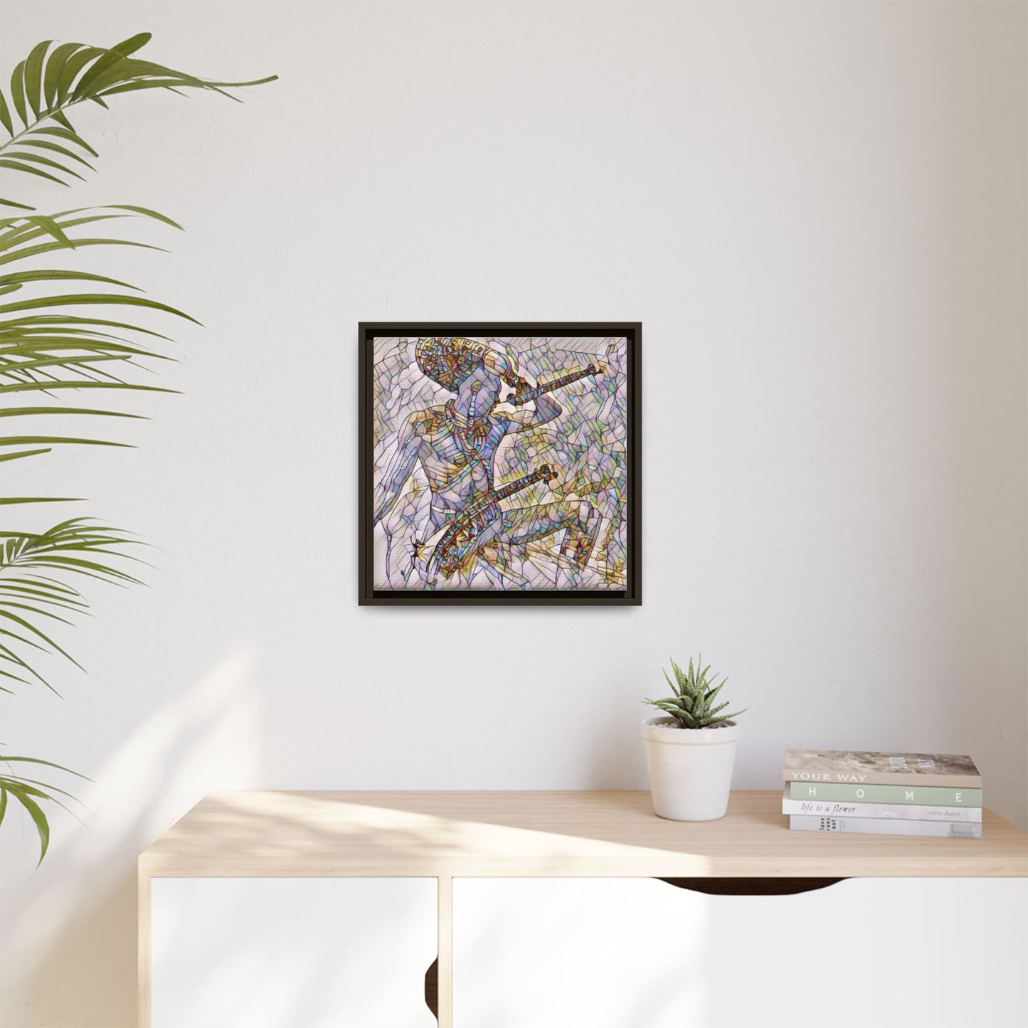 Stained Glass Blue Musician — Framed Matte Canvas Art