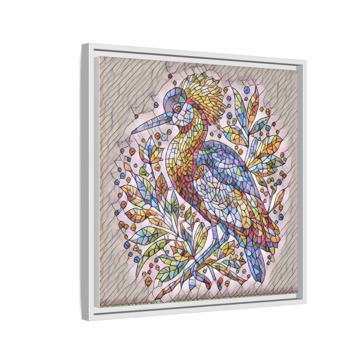 Colorful Stained-Glass Heron — Framed Matte Canvas Wall Art