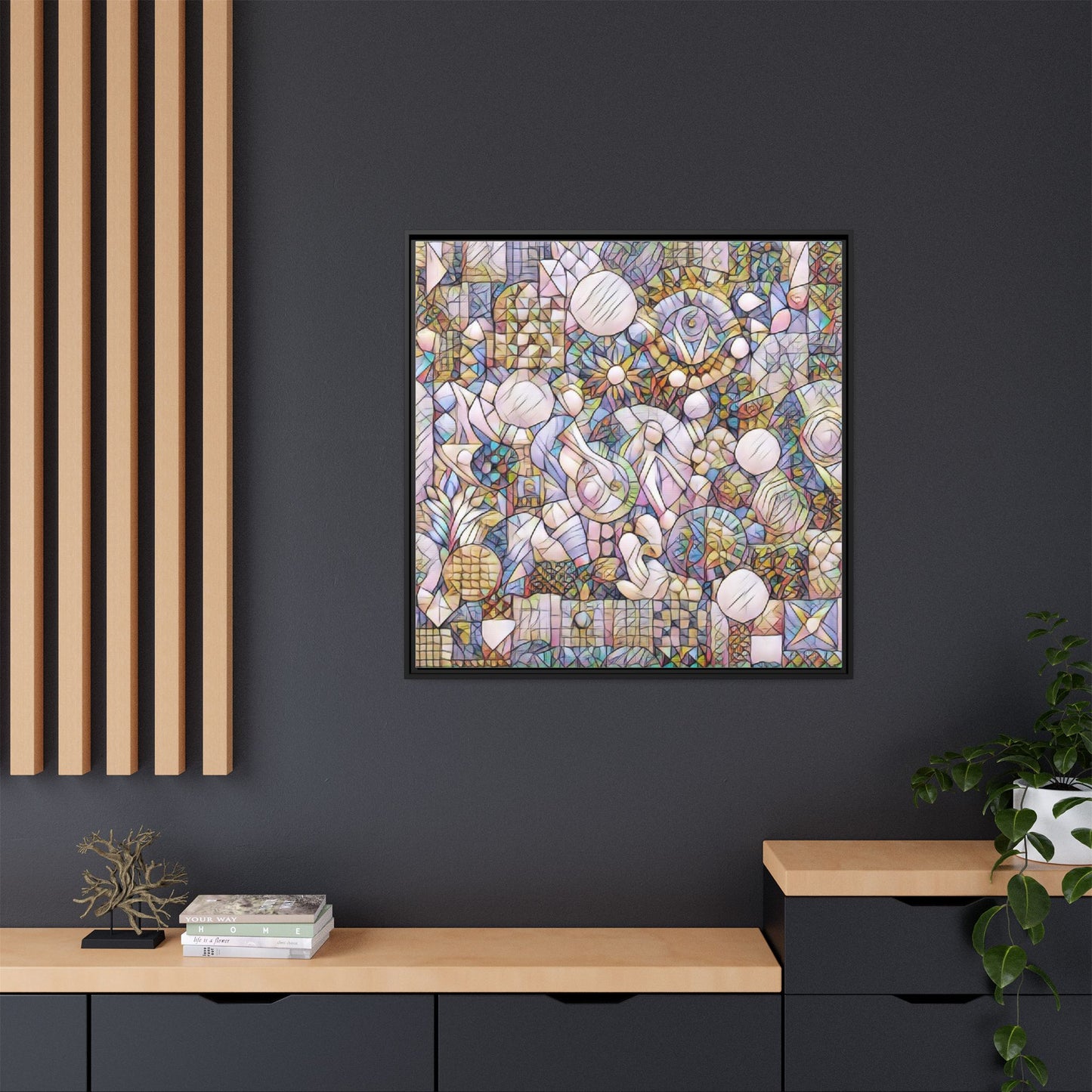 Abstract Geometric Mosaic Framed Canvas — Multicolor Modern Wall Art